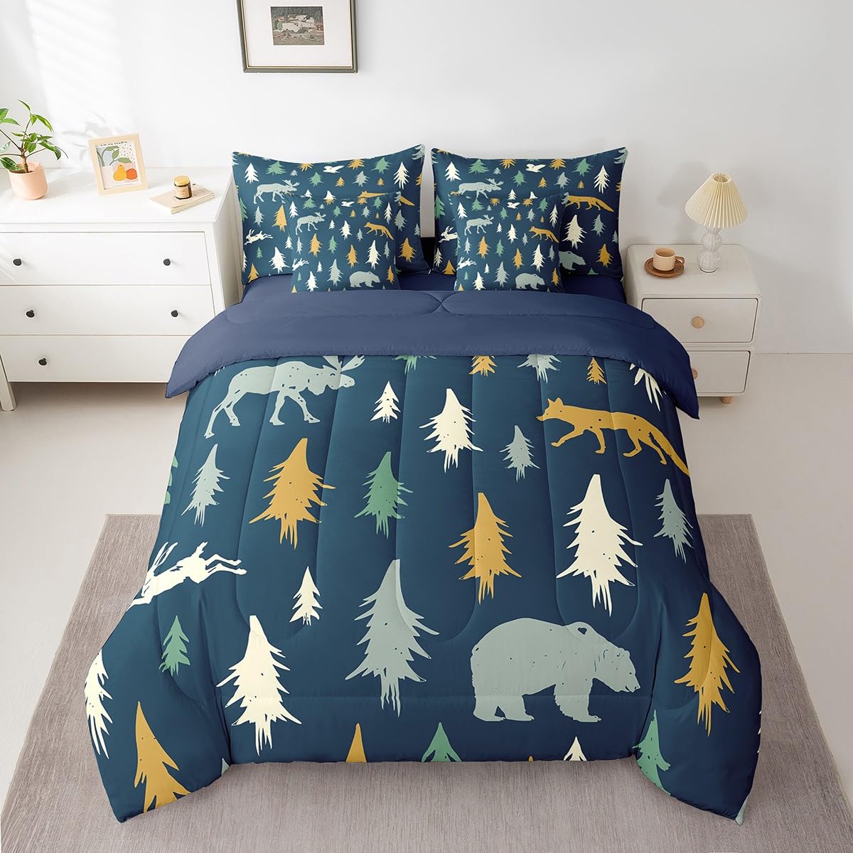 Feelyou Bear Comforter Set Twin Size 7 Pcs Woodland Fox Deer Comforter Bed in a Bag Cabin Lodge Farmhouse Bedding Set for Boys Girls Rustic Wild