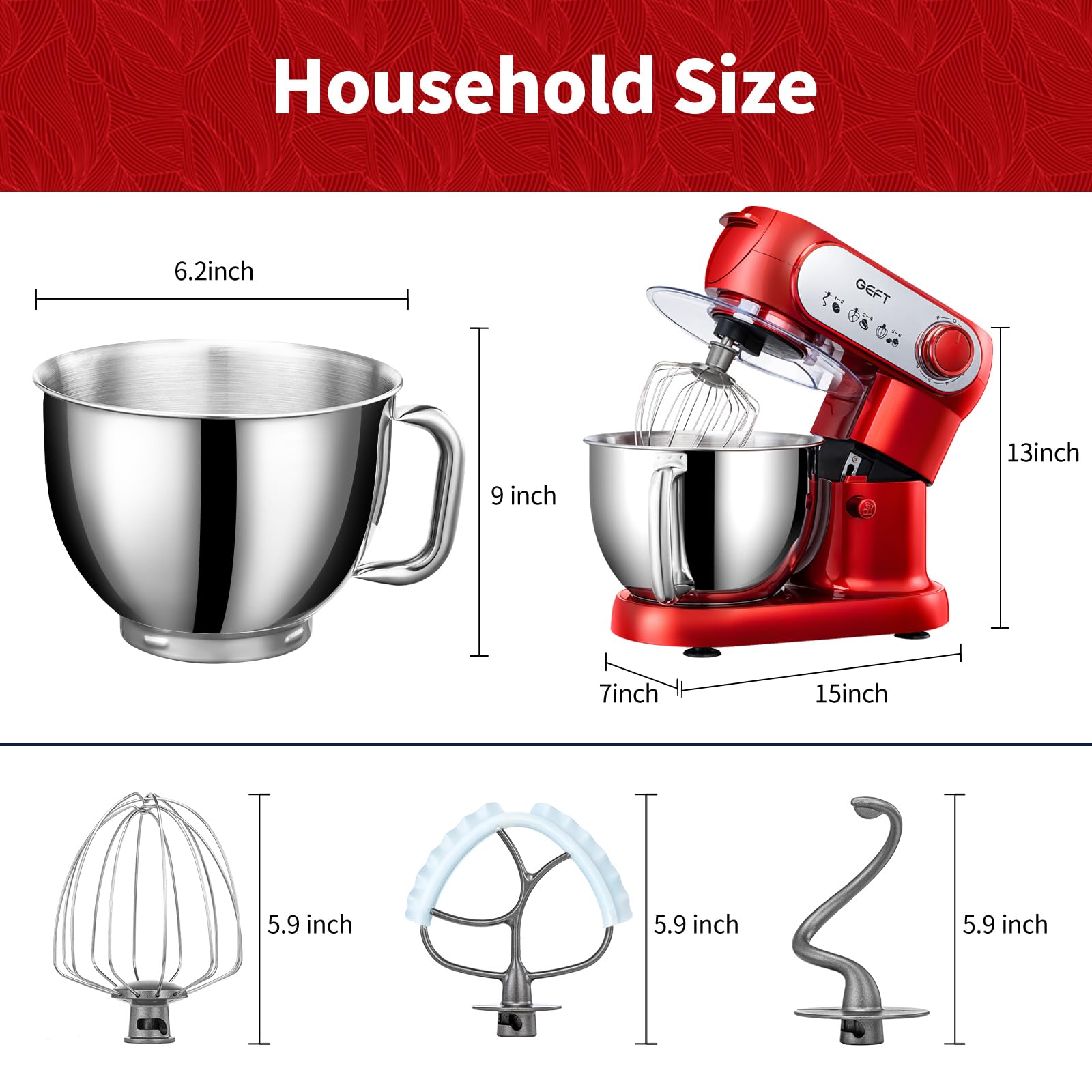 Batidora de pie, 6 cuartos de galón 600 W, mezclador de masa de cabeza inclinable, mezclador de 6+P velocidad de cocina con cuenco de acero inoxidable, gancho de masa apto para lavavajillas, batidor 7