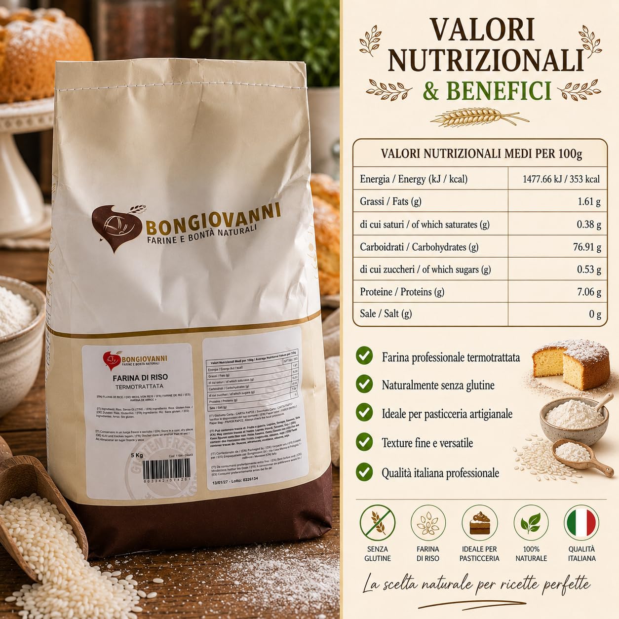 Bongiovanni Bontà Naturali Farine de Riz Traitée Thermiquement Sans Gluten Saveur Naturelle en Poudre 5 kg
