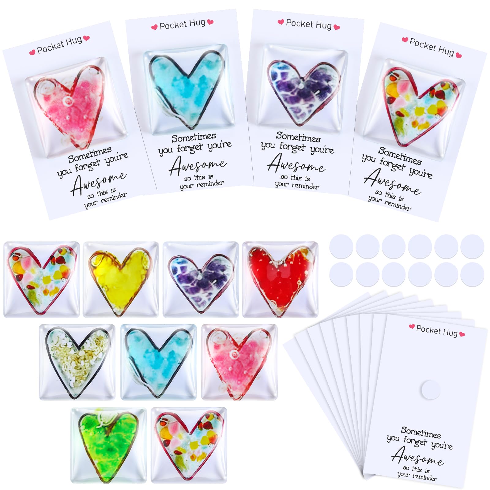 12 Sets Valentine Day Gifts Heart Pocket Hug Token Heart Glass Pocket Hug Token with Card for Women Men Girlfriend Thank You Gift Valentine Employee