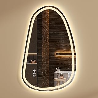 ARTETHYS Bathroom Mirror with LED Lights, 85x55cm Asymmetrical LED Bathroom Mirror Wall Mounted, Vanity Makeup Illuminated Mirrors with 3 Colour Temperature Demister Touch Control, IP44