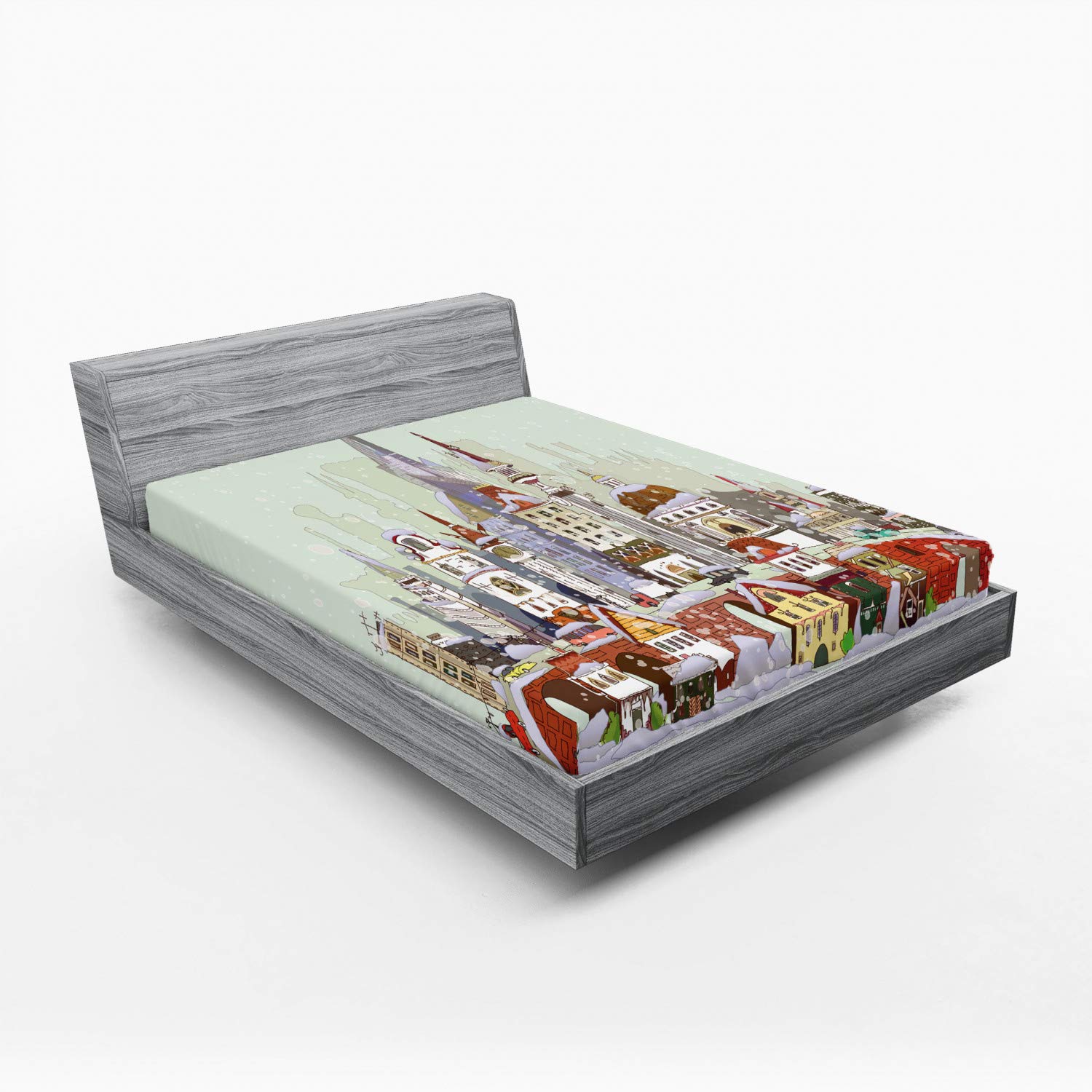 Ambesonne Christmas Fitted Sheet, Noel in The City Xmas Background Yule Holiday Traditional Winter Scenery, Soft Decorative Fabric Bedding All-Round Elastic Pocket, Full Size, Green Lavender