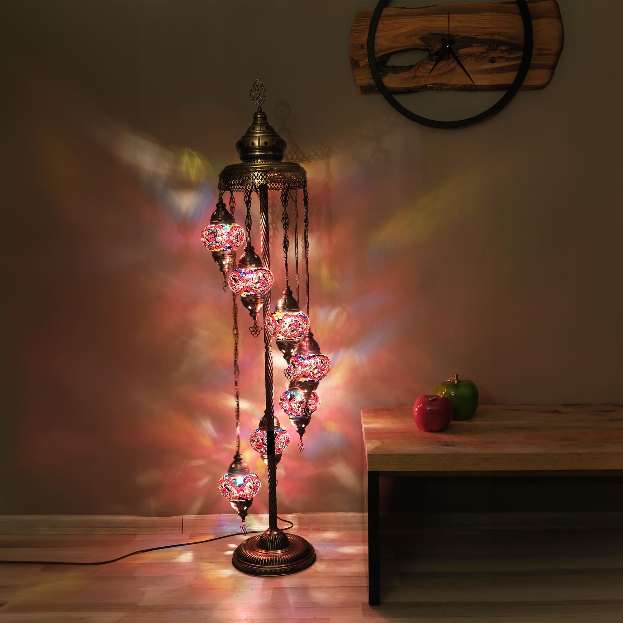 Turkish Floor Lamp, Mosaic Turkish Lamp, 7 GlobeFloor Lighting Standing Decorative Home Modern Designs Offer Handmade Glass 5 inch Globe - Total Dimensions 18 x 18 x 60 inch (Red)