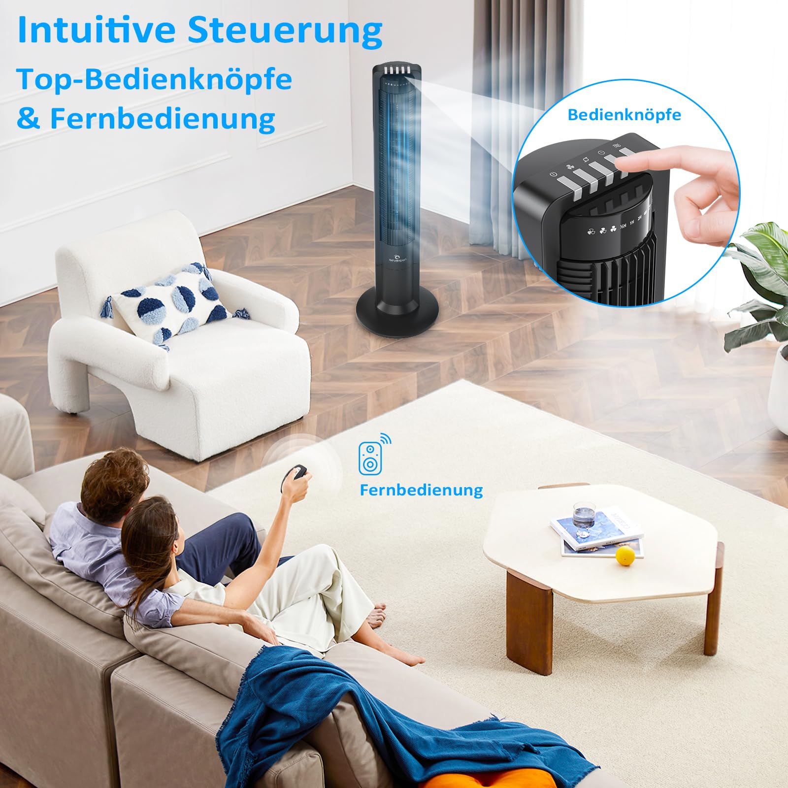 Turmventilator mit Fernbedienung, 109cm, leise, 115° oszillierender Säulenventilator, Standventilator schwarz, Timer, 0,04 kWh stromsparend, 3 Geschwindigkeiten, X01A, Tower Fan