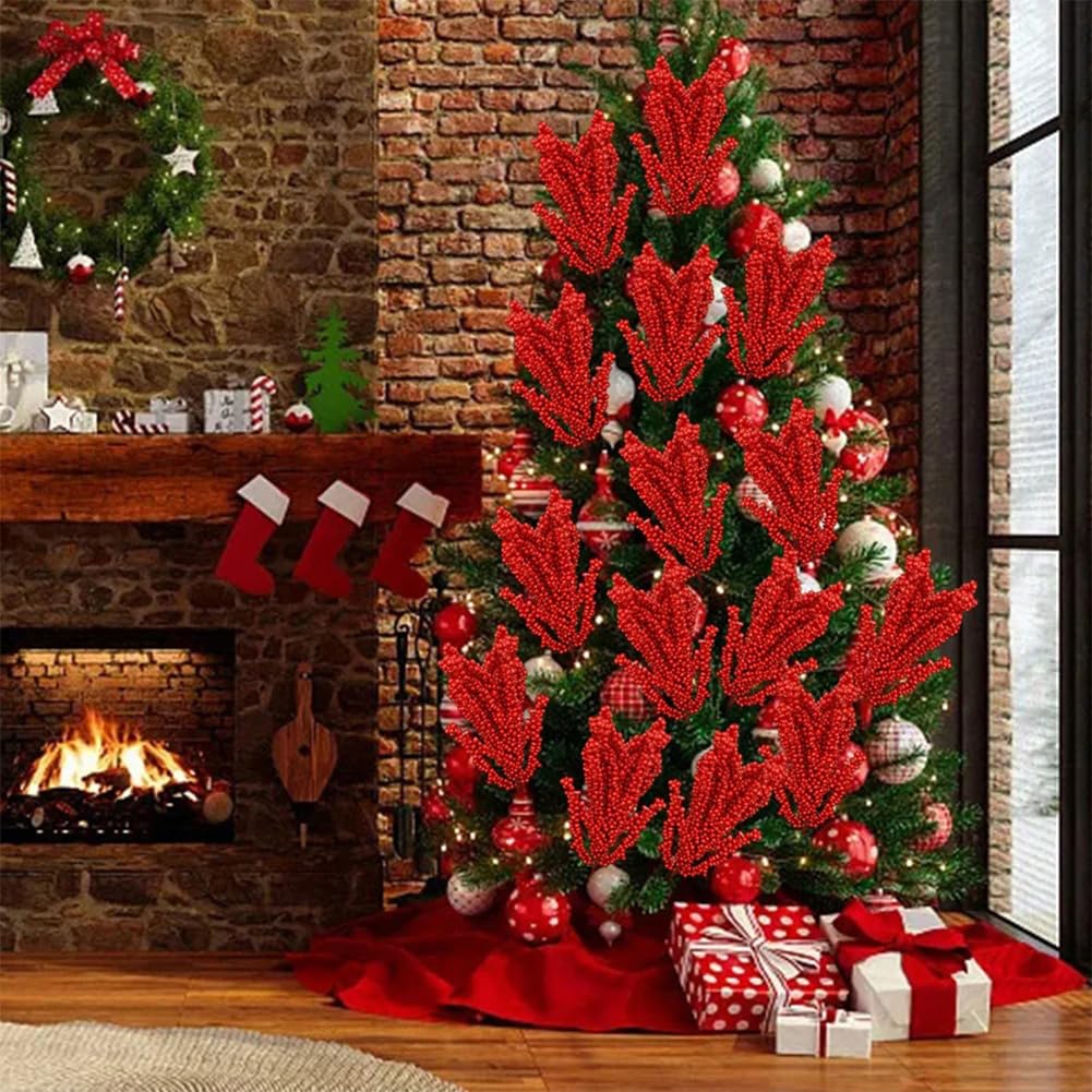 Lot de 20 Branches de Houx artificielles (6 x 32 cm) pour décoration de Noël, couronnes et Loisirs créatifs, Rouge