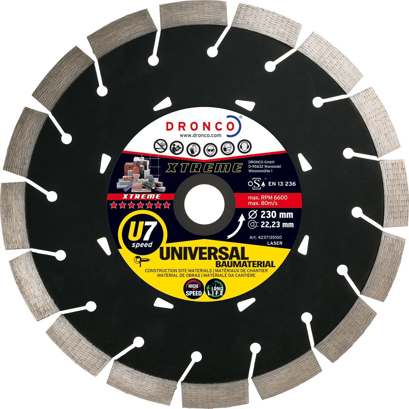 Dronco U7SPEED-115 Discos de Diamante, U7 Speed, Universal Obra, Antes Erm, 115 Mm Diámetro, 2.2 Mm Espesor, Diámetro Eje 22.23 Mm