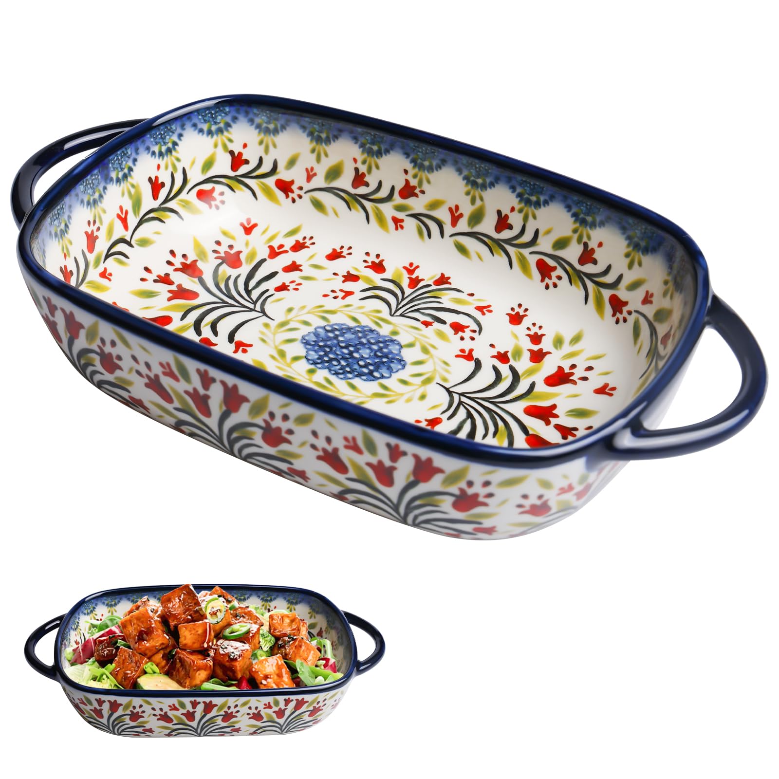 Auflaufform Klein, Keramik Backform Ofenform Rechteckig Lasagneform mit Griff, für 1 Personen, Vintage Pfannen Porzellan Backform Kleiner Ofen für Lasagne Tiramisu Aufläufe, 23.5x13x5cm