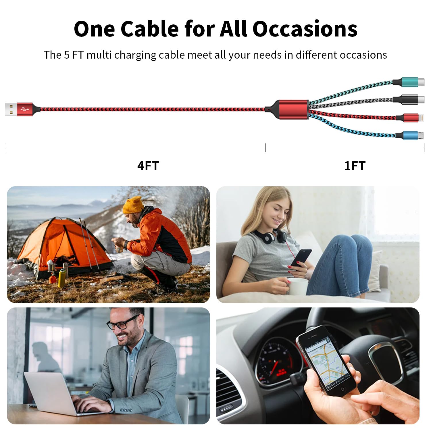 Cavo di ricarica multiplo 4 in 1, cavo di ricarica in nylon intrecciato, cavo multi caricatore con IP/tipo C/porta micro USB per iPhone16/15/telefoni cellulari/pad e altro (2 pezzi, 1,5 m)