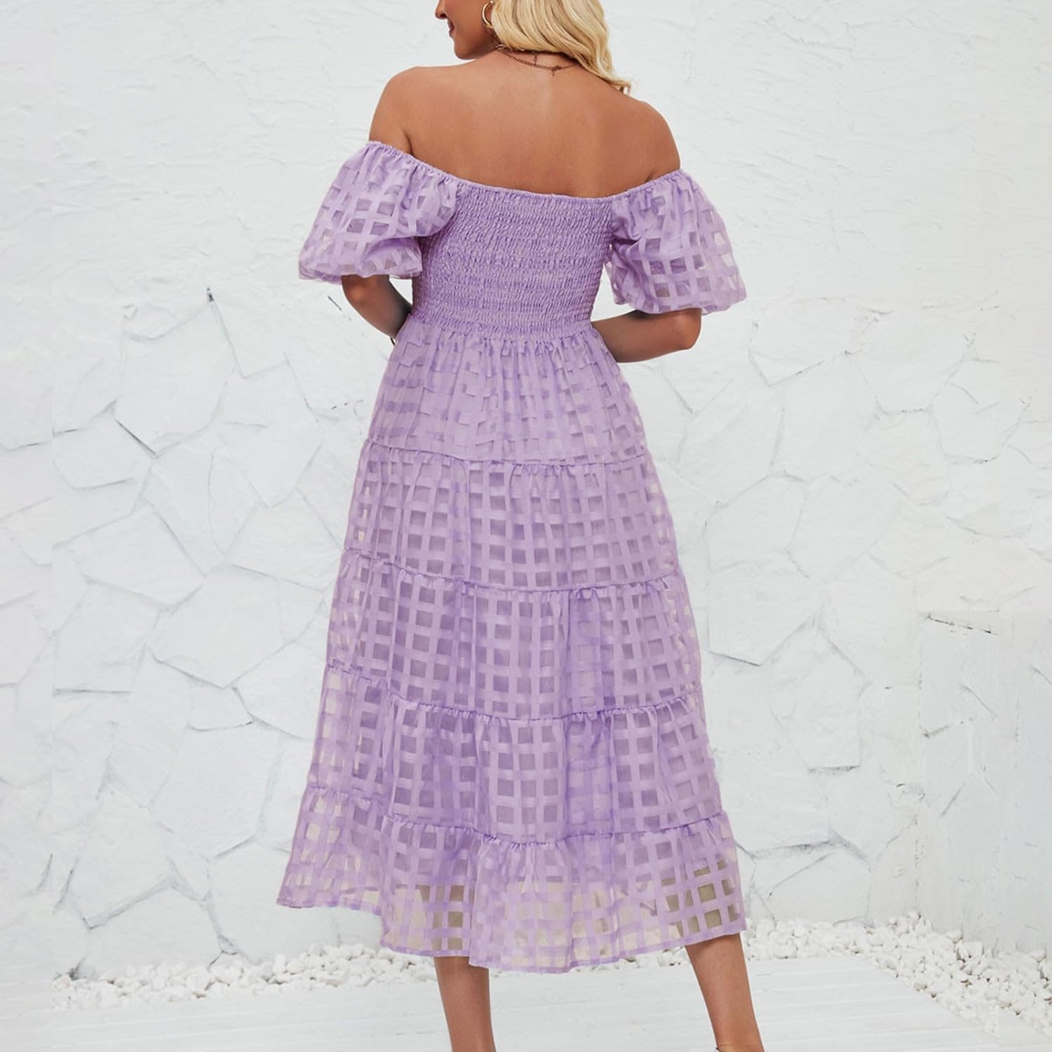 Women's Boho Sundress Flowy Short Sleeve Square Neck Midi Dress Smocked 2024 Spring Summer Wedding Guest Dresses