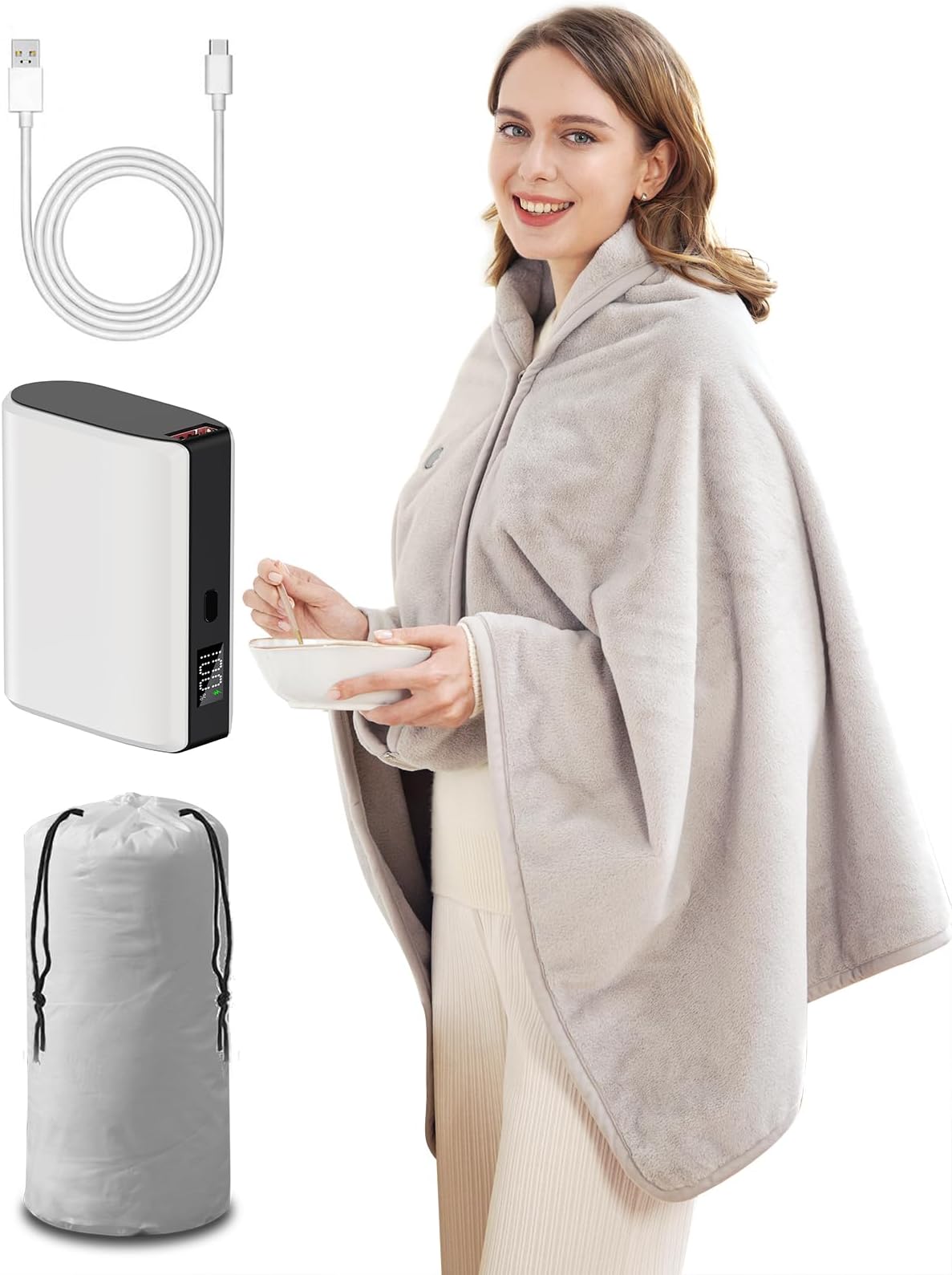 Zireot Heated Blanket Battery Operated,with Battery Pack,Cordless USB Heated Shawl,Outdoor Portable Electric Blanket,USB Heated Throw 3 Heating Levels,Softnees Heating Blanket for neeck and Shoulder