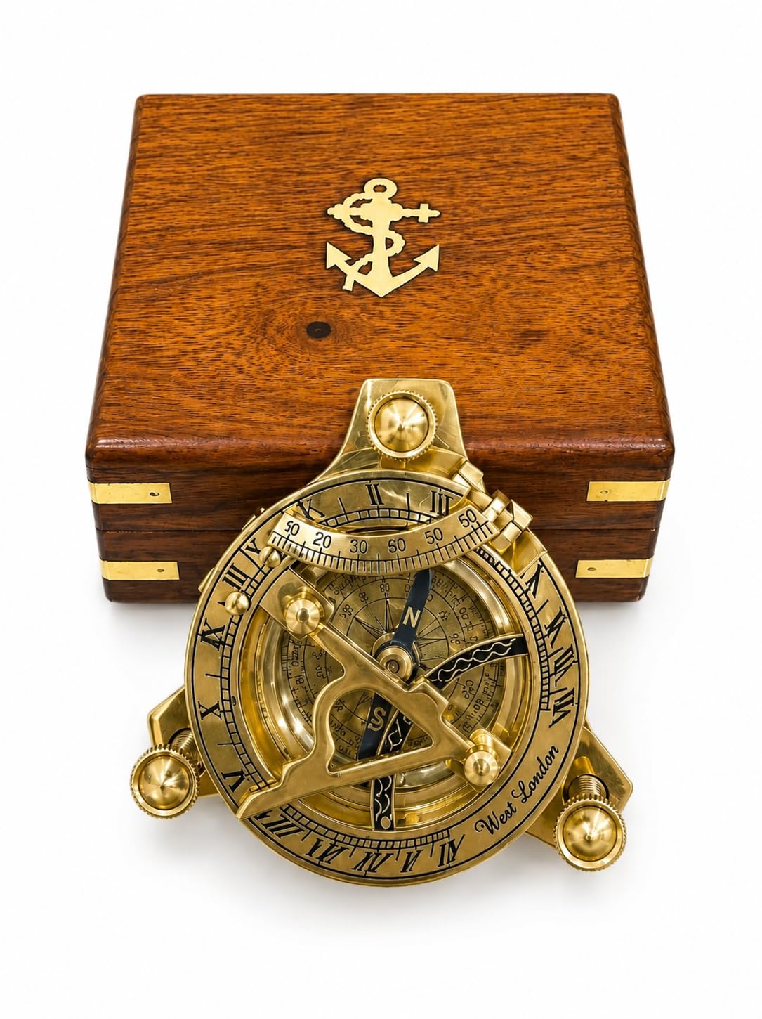 West London - Brújula de latón macizo con caja de presentación de madera, náutica, vintage, náutica, marina, brújula de 7,6 cm