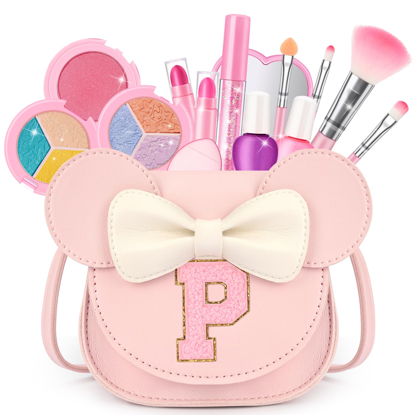 Kids Makeup Kit for Girls, 15 Pcs Real Washable Make Up Set &amp; Purse, Pink P