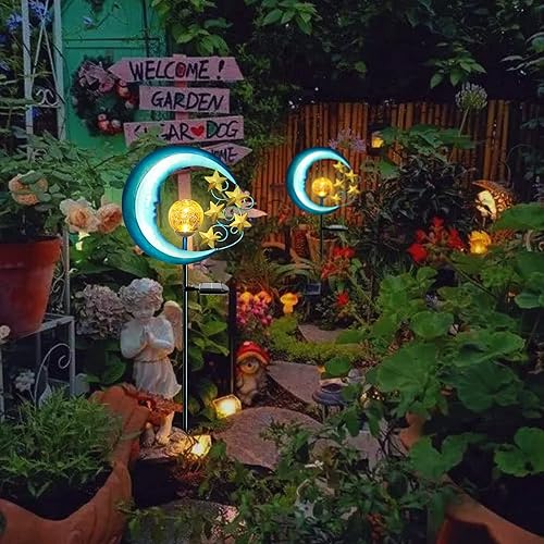 Miniatura 4 de Luces solares de estrellas y luna para exteriores, luces de jardín alimentadas por energía solar, luces decorativas de cristal agrietado, LED,