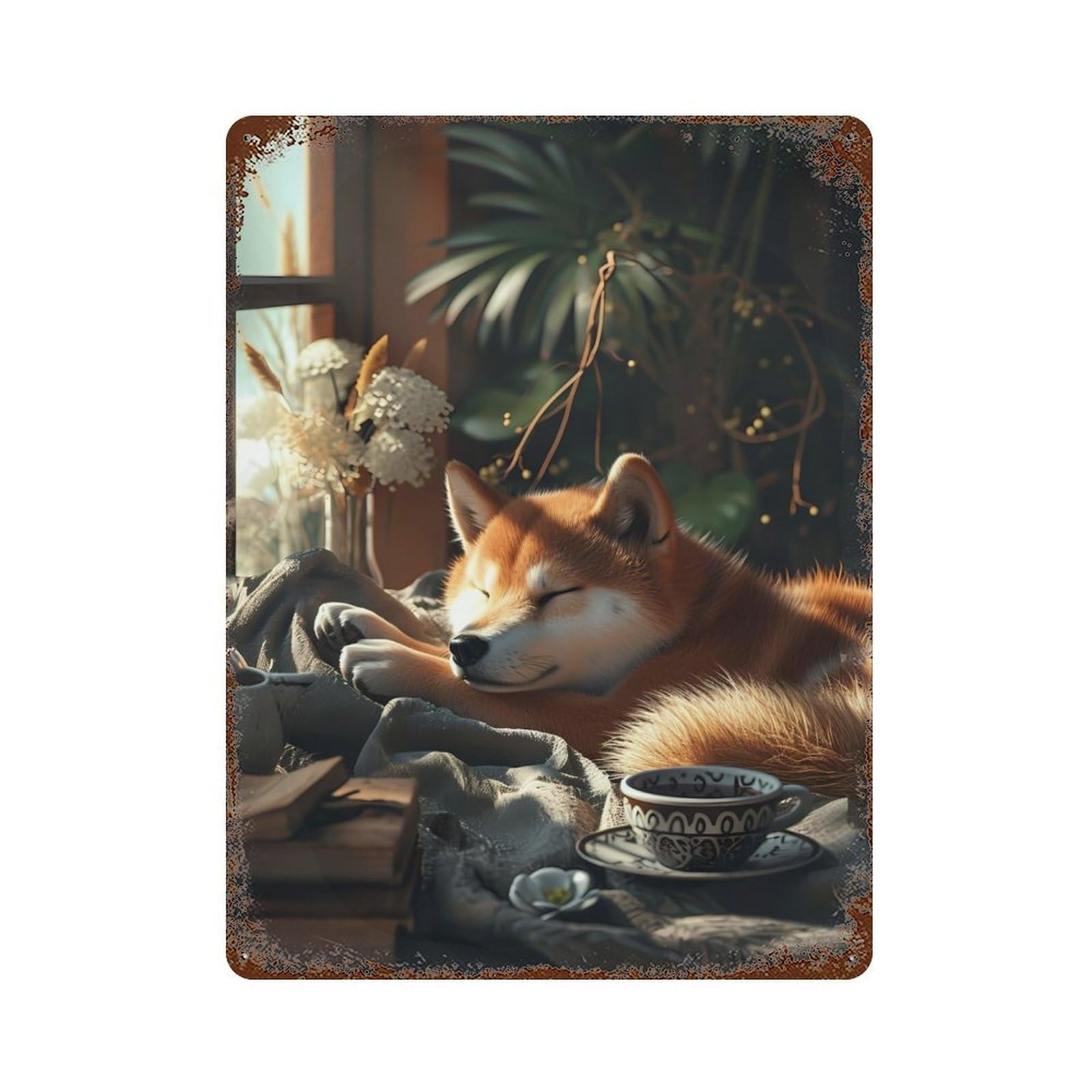 Shiba Inu Coffee Cup Dog Decorative Tin Sign 15.7"x11.8", Ideal for Basement, Hobby Room And Garage Decor