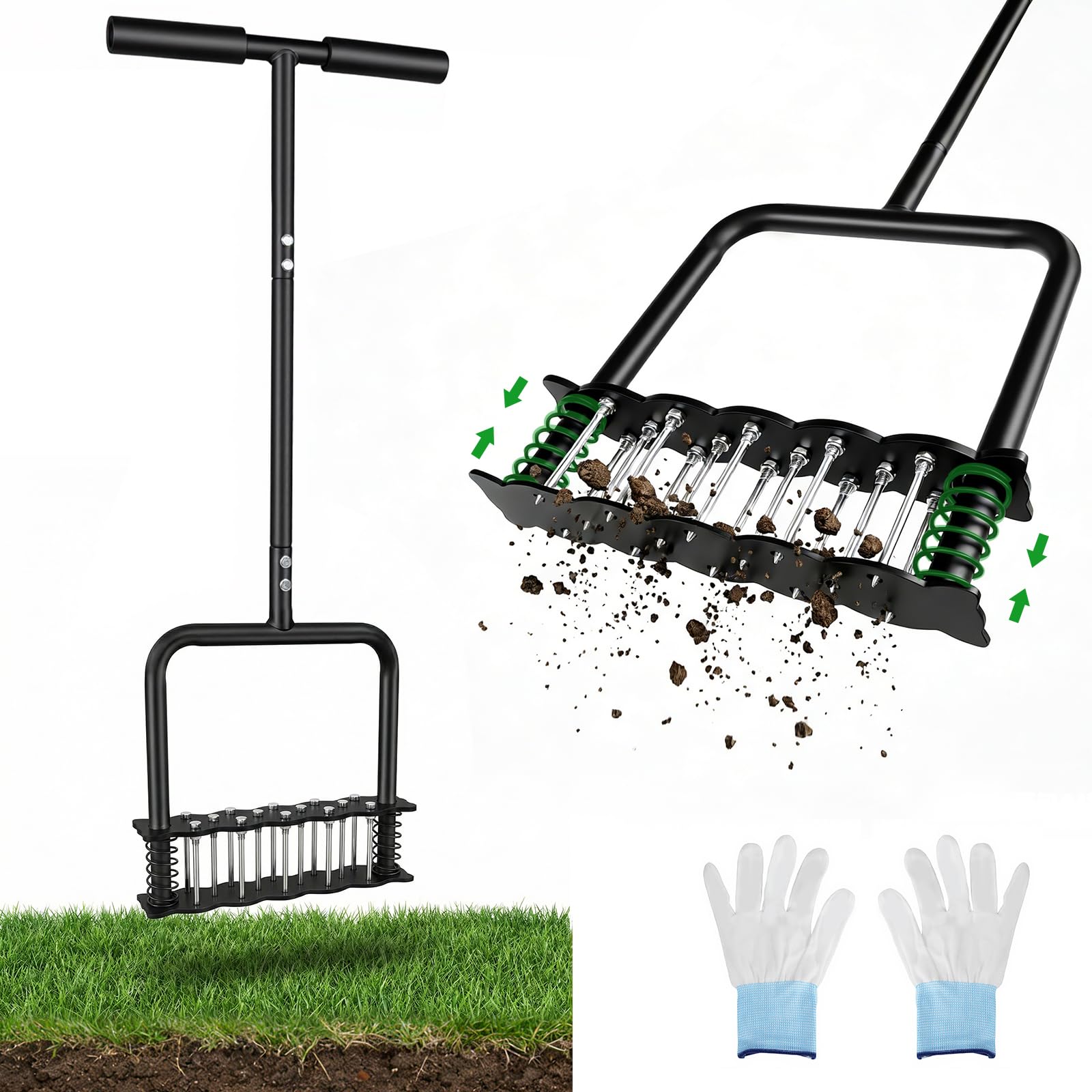 Capsste 36 Inch Lawn Aerator with 14 Iron Spikes – Automatic Dirt & Leaf Cleaning, Pre-Assembled Spring-Loaded Design, Heavy-Duty Metal Aerating Tool for Soil Loosening, Lawn, Garden & Yard