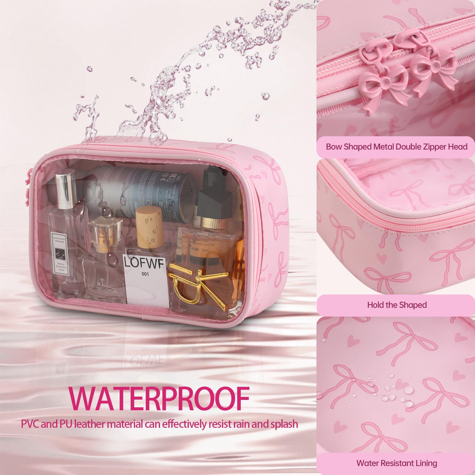 Beauty case trasparente per donne e ragazze, piccola trousse da viaggio per cosmetici con fiocco rosa, simpatica borsa organizer, regalo di compleanno per fidanzata, mamma, damigella d'onore