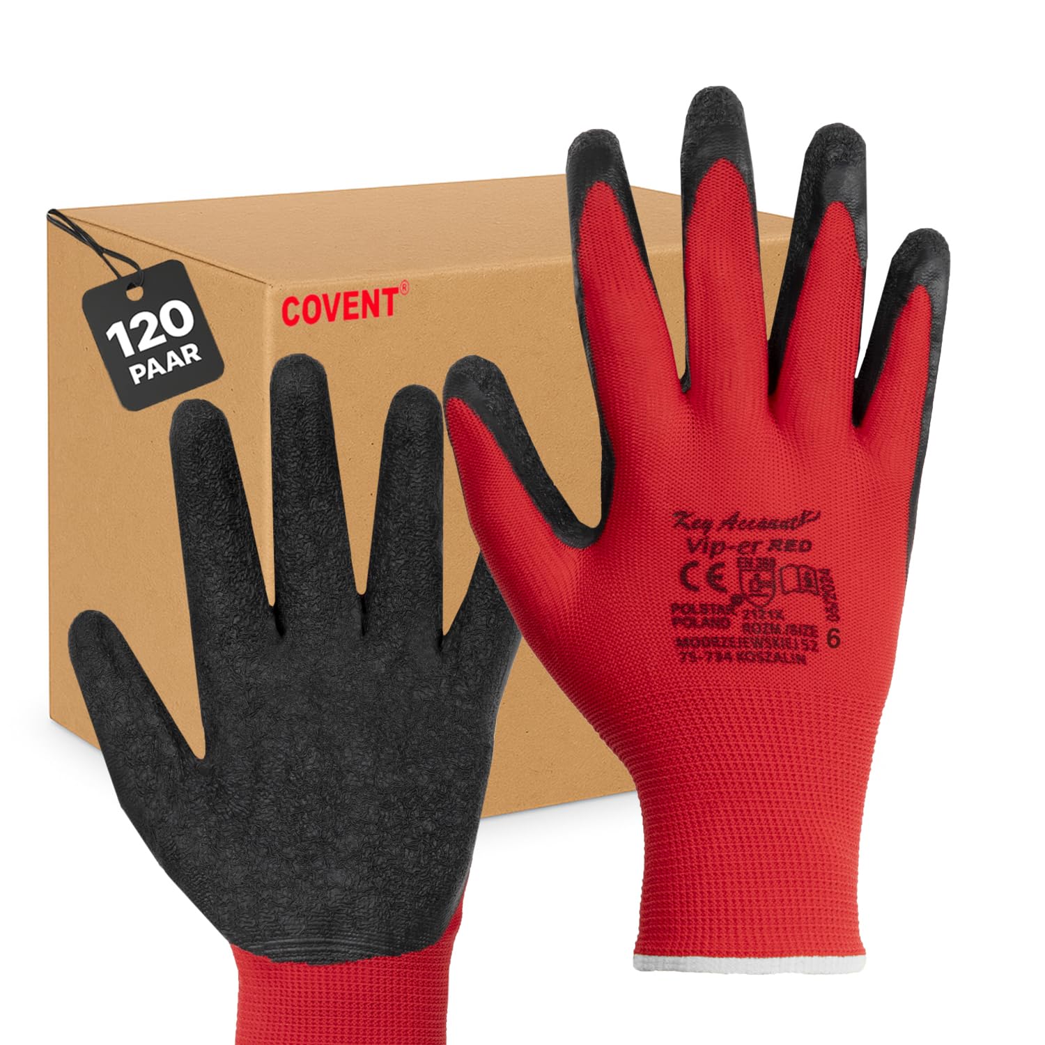 Covent Vip-er Red Arbeitshandschuhe Herren Gr 10 (120-er Set) – Montagehandschuhe Kategorie II – EN388 2121X – Bauhandschuhe für Umzugshelfer, Logistiker und Bauarbeiter