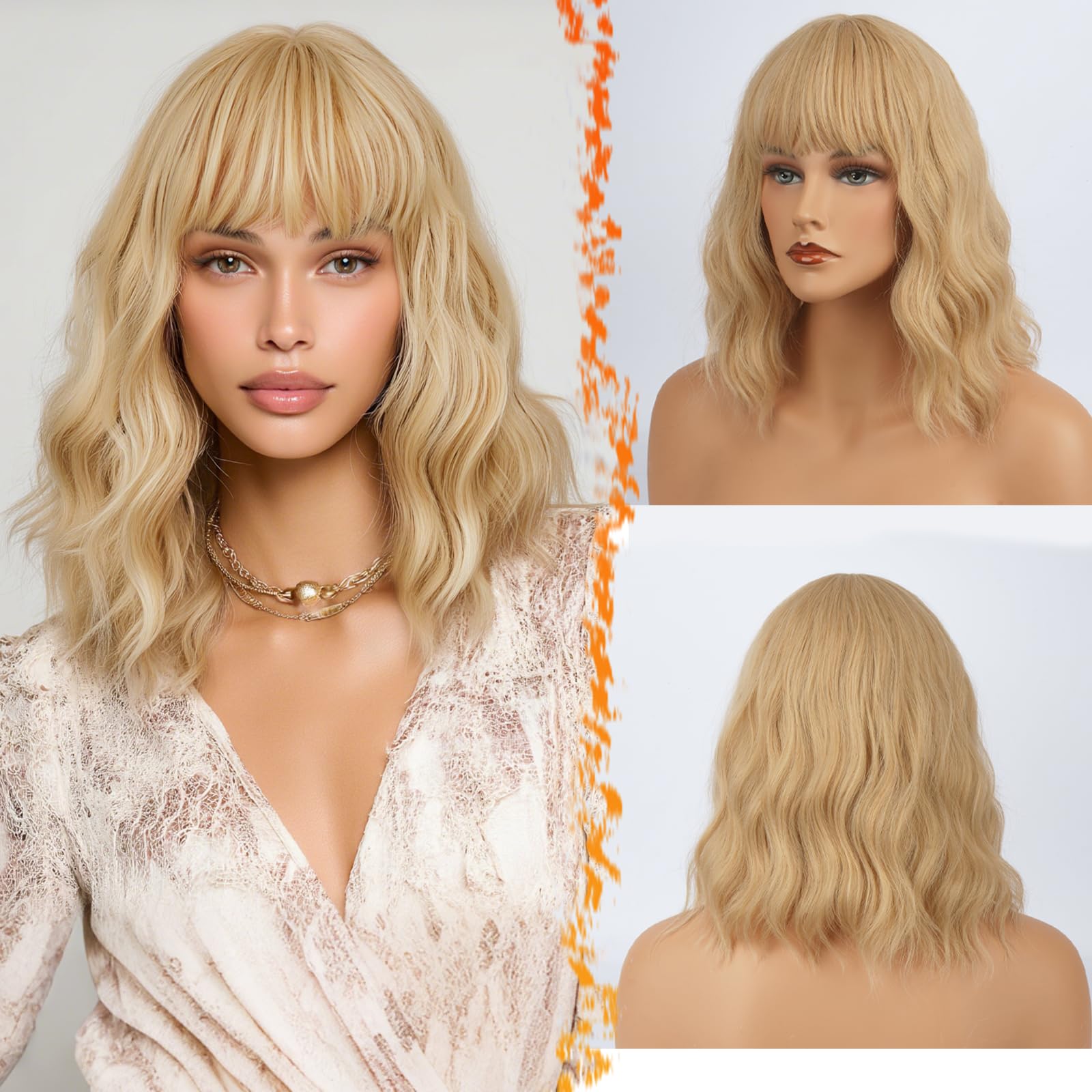 BARSDAR Krótkie peruki bob z grzywką, 35 cm, dla kobiet, krótkie blond peruki z grzywką, kręcone, falowane, syntetyczne włosy, na imprezę, naturalne peruki dla dziewcząt, na imprezę (mieszanka blond)