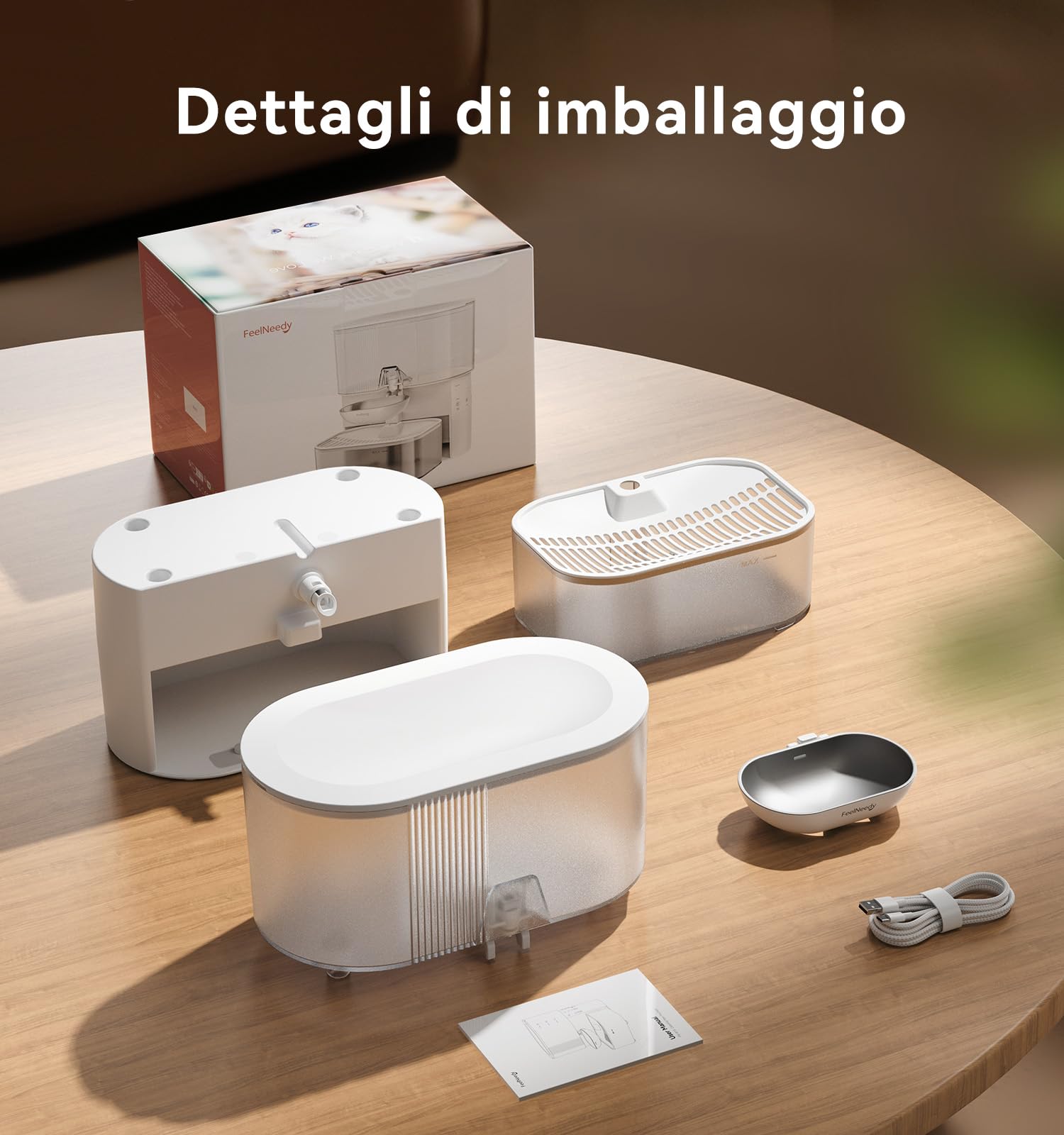 FEELNEEDY Fontanalla per Gatti Senza Filtro E Senza Fili A Batteria da 2000mAh, Separa L'acqua Pulita Da Quella Usata, Ciotola in Acciaio inox, Fontana per Gatto 3.5L, Bianca