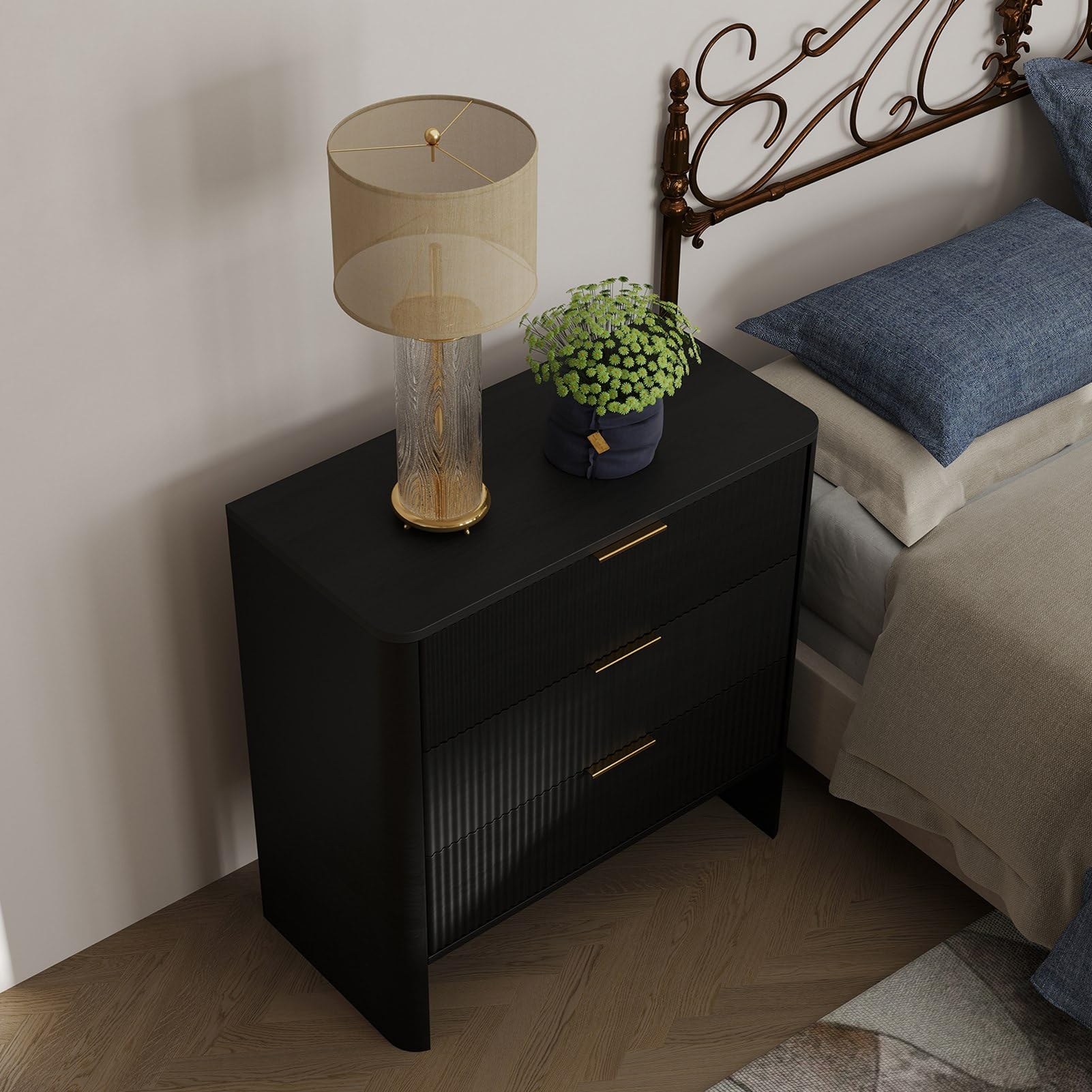 Nightstand with Drawers, Bedside Table Mid-Modern Side Table Large Capacity Storage Organizer for Bedroom, Living Room, Black