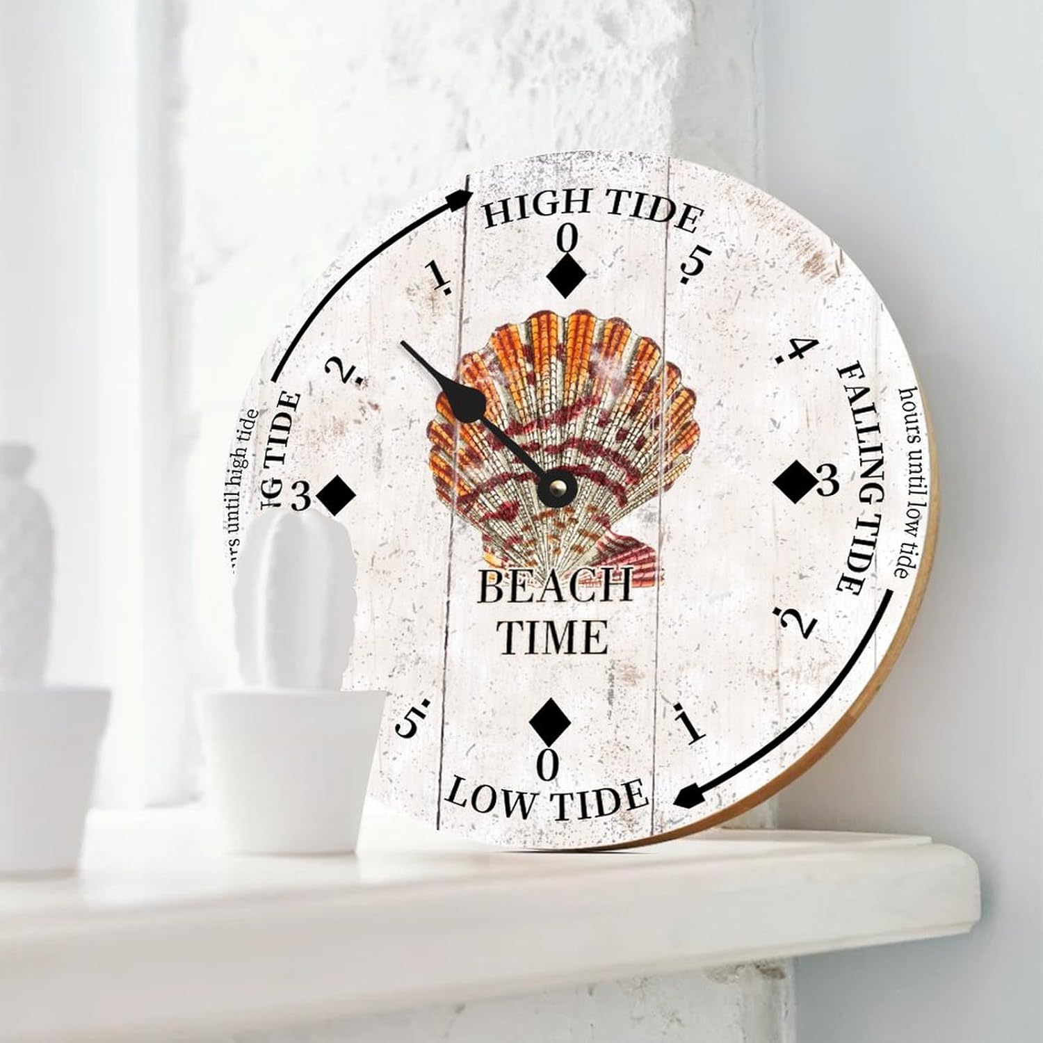 Cheyan Beach Time Shell Tide Clock Silent Non-Ticking Battery Operated Wooden Moon Nautical Tide Movement Clock for Sailing Living Room Restaurant Home Decor Wood Wall Art 12x12 in