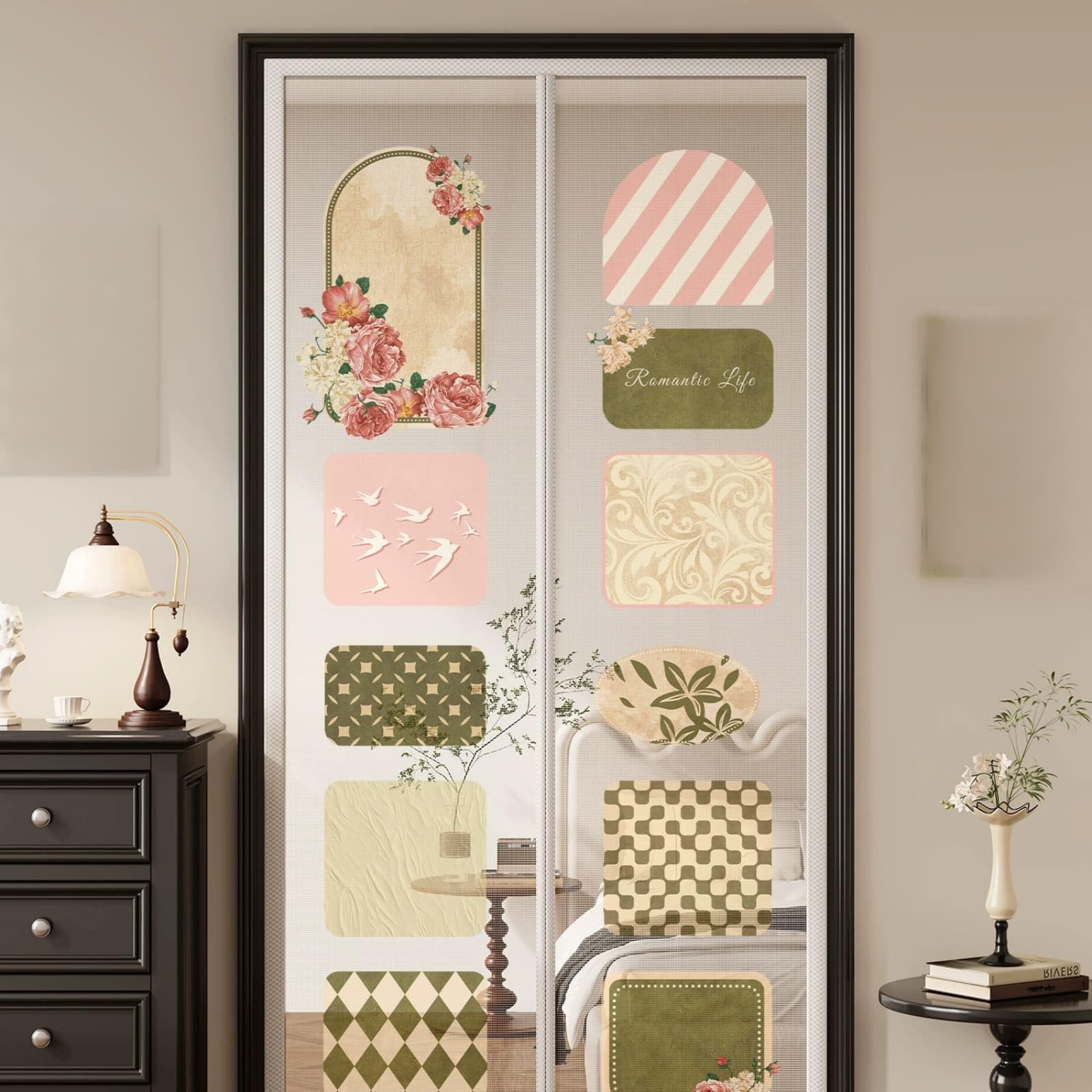 Moustiquaire porte magnétique fleur de pivoine 120x210 cm rideau anti mouche sans perçage