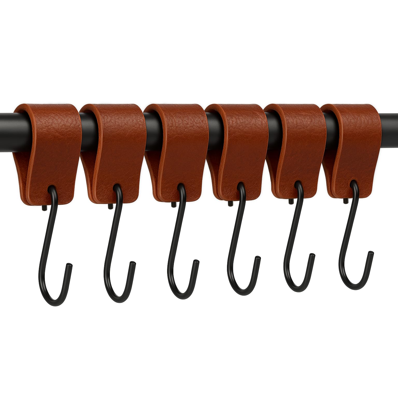 Brute Strength Cognac - Multifunctional Leather S-Hooks - 6 Pieces - Coat Hook - For Kitchen, Bathroom, Bedroom And Office