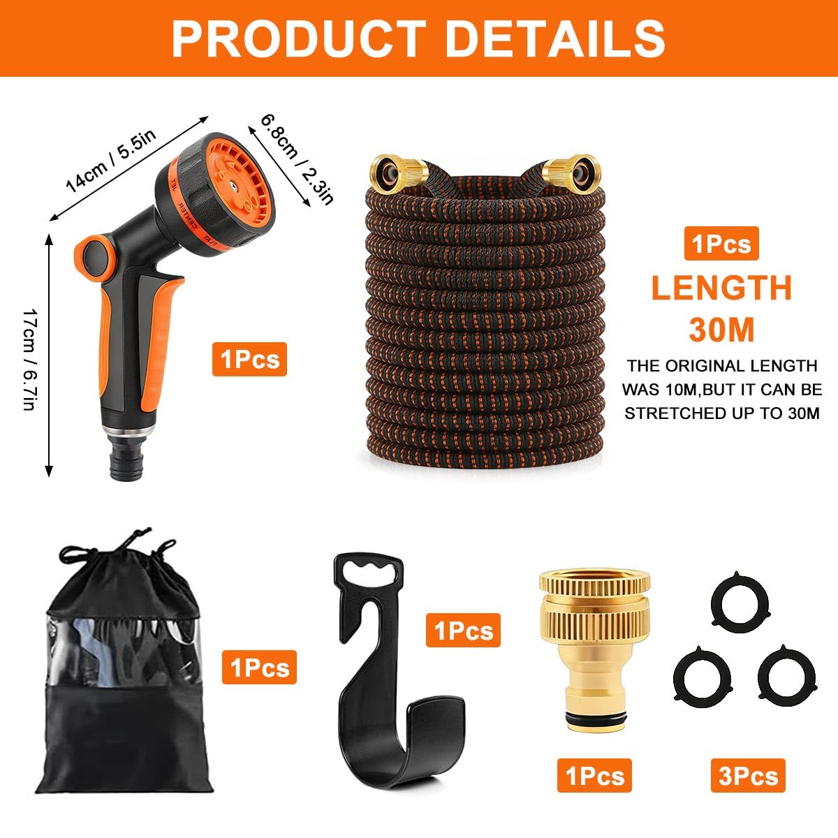 Tuyau d'Arrosage Extensible 30M/100Ft, Tuyau de Jardin Flexible Retractable avec 10 Modes d'Arrosage, Convient aux Robinets de 1/2" et 3/4" Raccords, pour Irrigation, Nettoyage, Lavage de Voiture