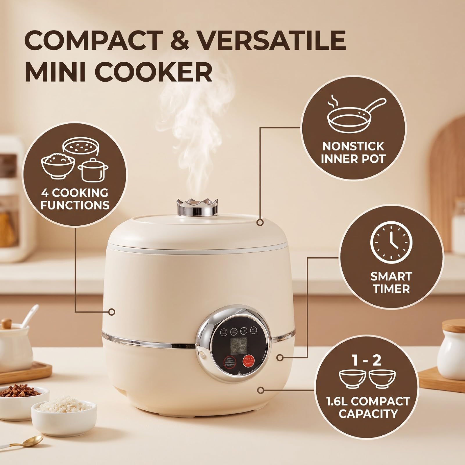 Mini Rice Cooker 1.6L dla 1-2 Osób z Nieprzywierającym Garnkiem i Timerem
