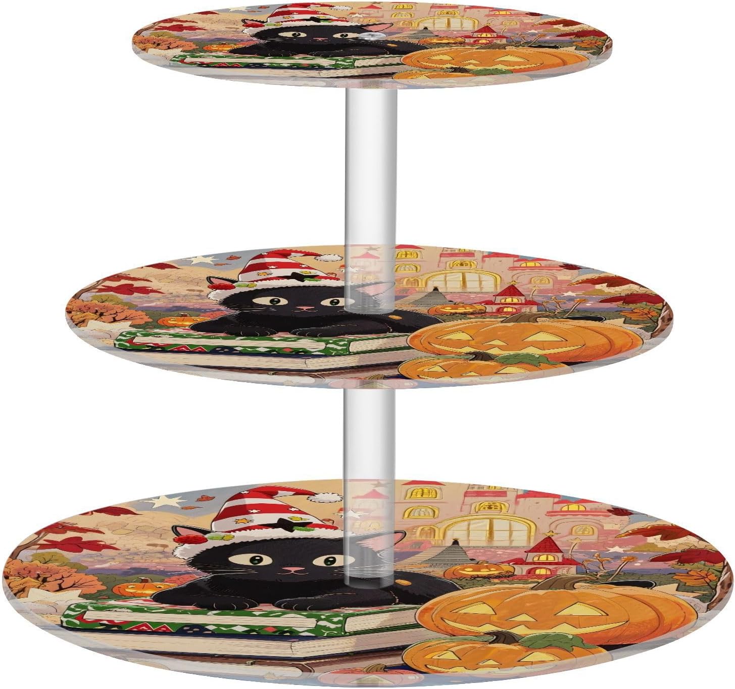 Cat Maple Leaves Pumpkin Halloween 3 Tier Acrylic Cupcake Stand, Cupcake Stand for 34 Cupcakes for Weddings, Christmas,Holidays,Parties,Birthday,Printed Cupcake Tower 23300515