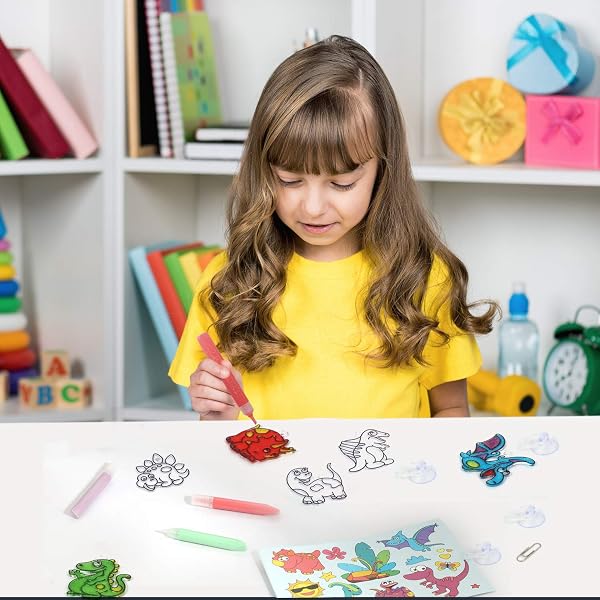 Koltose by Mash Dinosaur Suncatcher Kit, Includes 6 Dinosaur Sun Catchers, 6 Paints, 4 Templates and More, Double Kit - Window Art and Sticky Suncatcher Art - 3