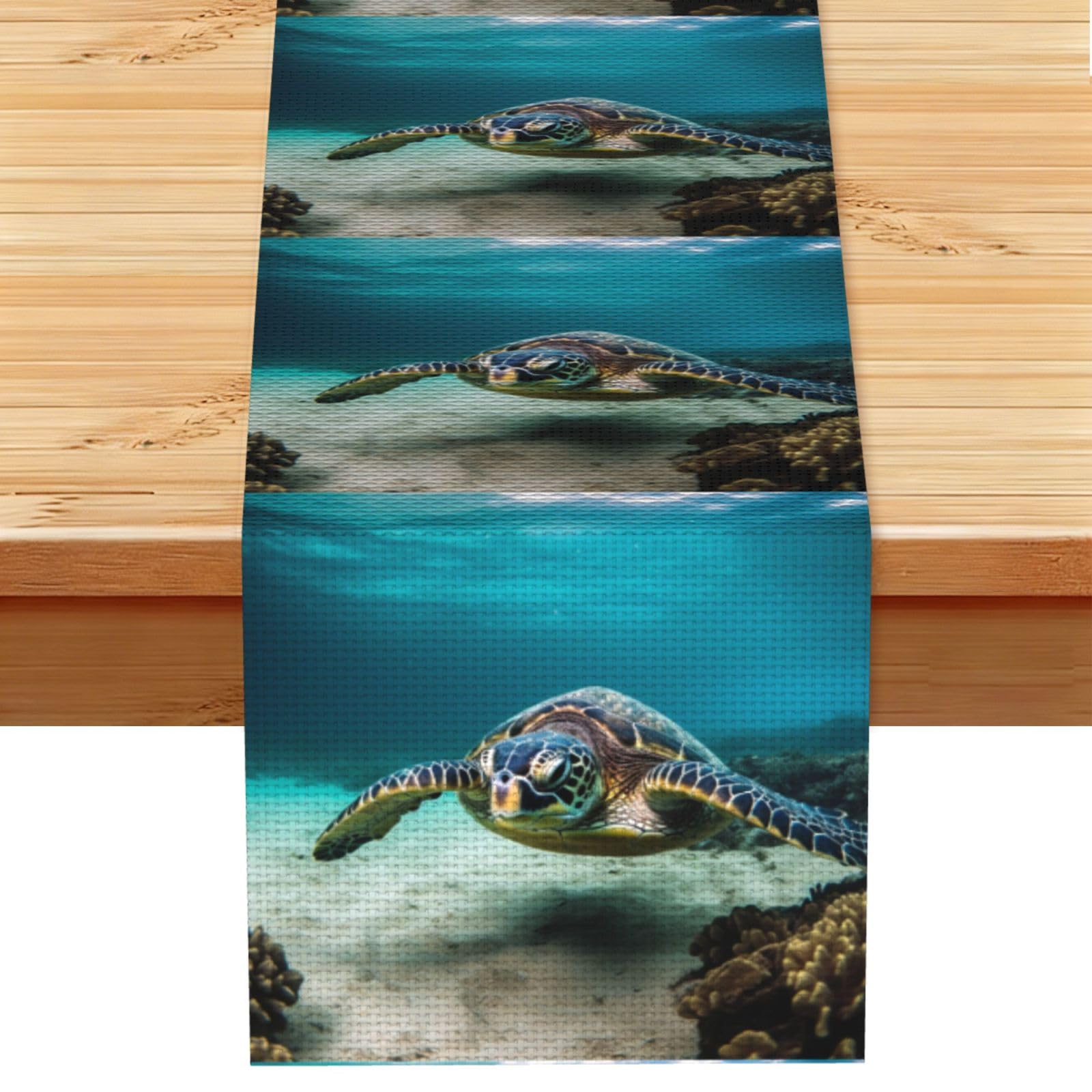 Underwater Diving Sea Turtle Table Runner 13x72 Inch Cotton Linen Table Linen Washable Farmhouse Tablecloth Modern Abstract Art Kitchen Dinning Table Decoration for Home Party Decor