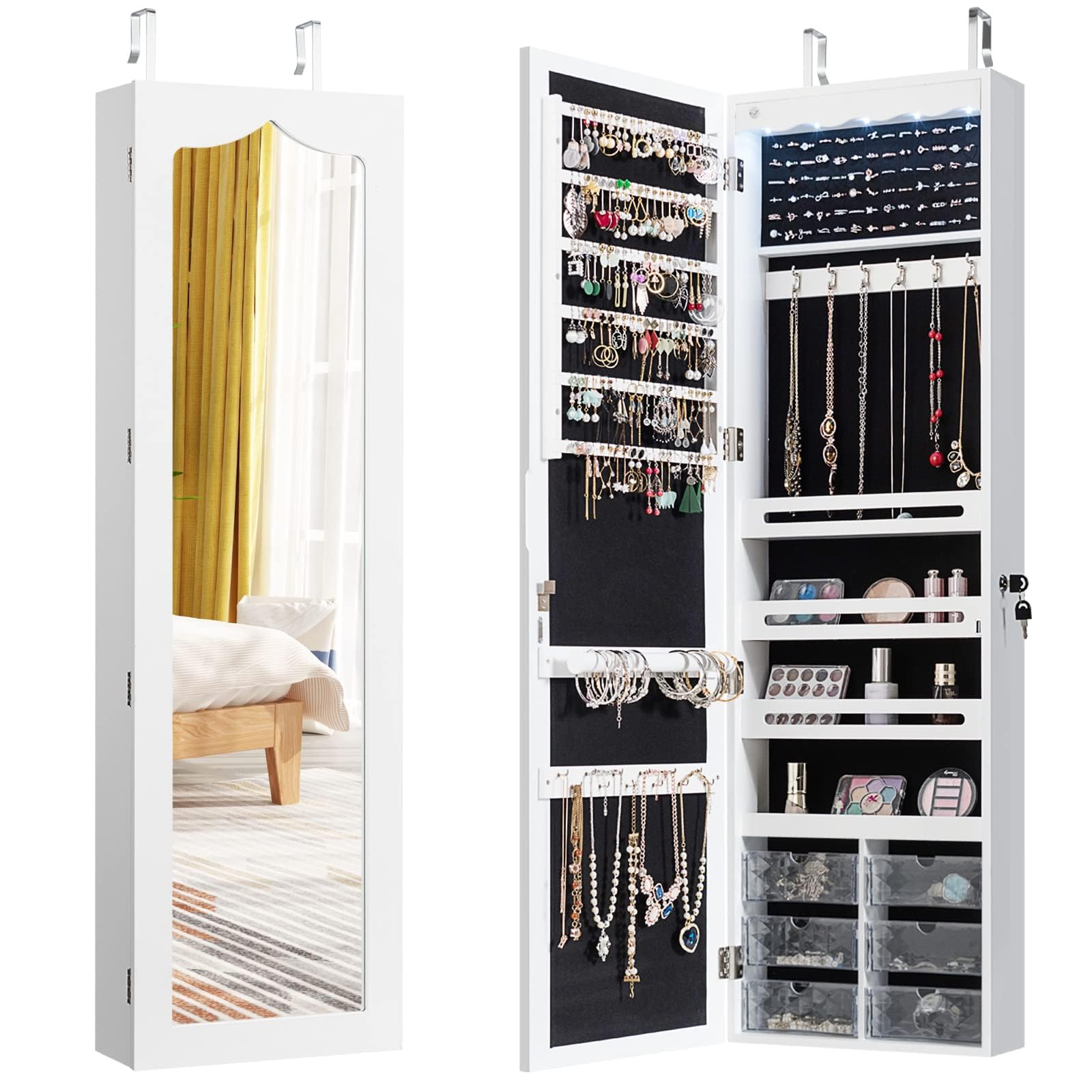 FANTASK Armario colgante para joyas con iluminación LED, espejo y 6 cajones, armario colgante para puerta y pared, armario para joyas y cosméticos, color blanco