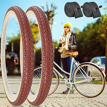 1 or 2 Pack Brown 26x2.125 Cruiser Beach Bike Tire Cream Wall with or Without 26x1.75/2.125 Inner Tubes for City Road Urban Bicycle Retro Tire