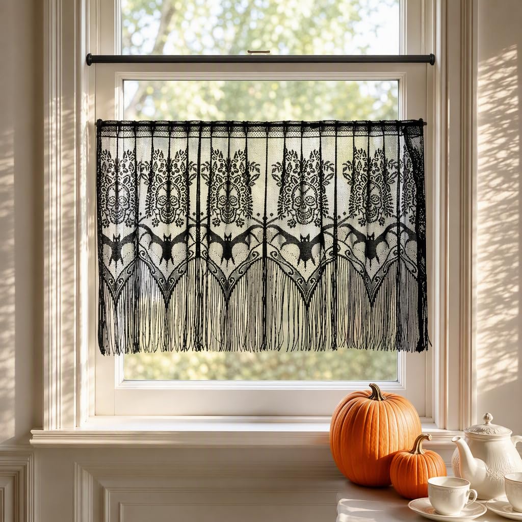 Cosiesnest Embroidered Cafe Curtain for Kitchen French Floral Window Curtain Sheer Voile Panel Short Curtains Light Filtering Privacy Tier Curtains for Bathroom, Balcony, Bedroom (Halloween)