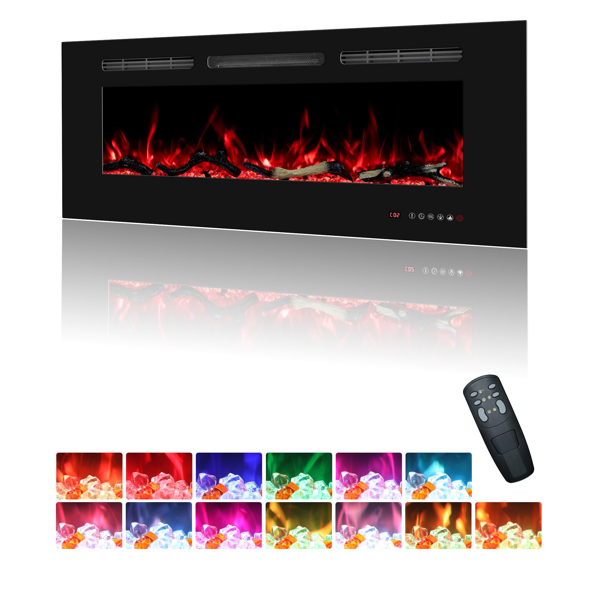 108cm Electric Fireplace Insert, Wall Mounted Fireplace Heater, 13 * 13 Flame Effects, Realistic Logs Ember Bed, Adjustable Thermostat & Timer, 1500W, Black(42")