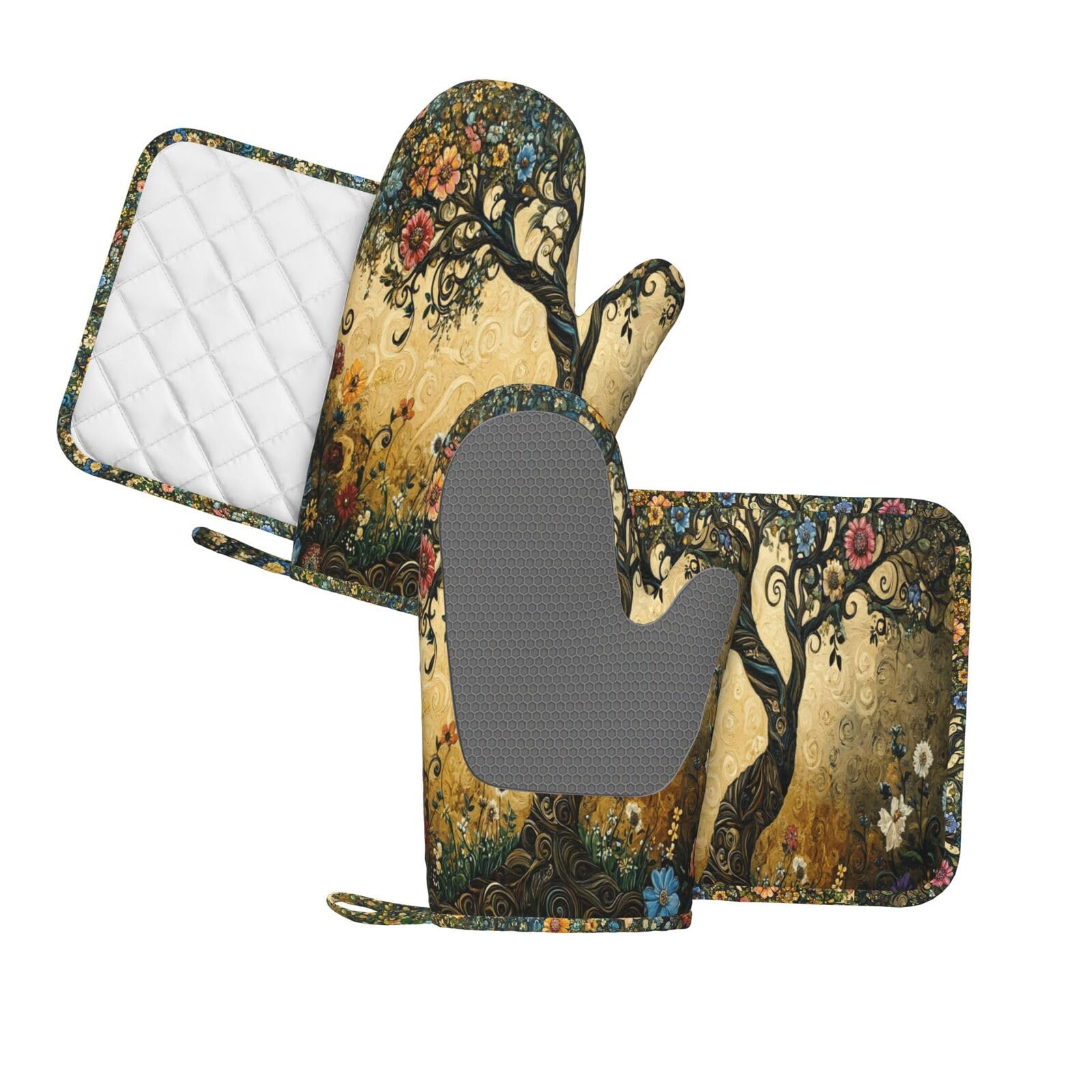 Juego de manoplas de horno para ollas, diseño de árbol de flores, guantes de cocina de silicona, resistentes al calor, para cocinar, asar a la parrilla, paquete de 4 manoplas
