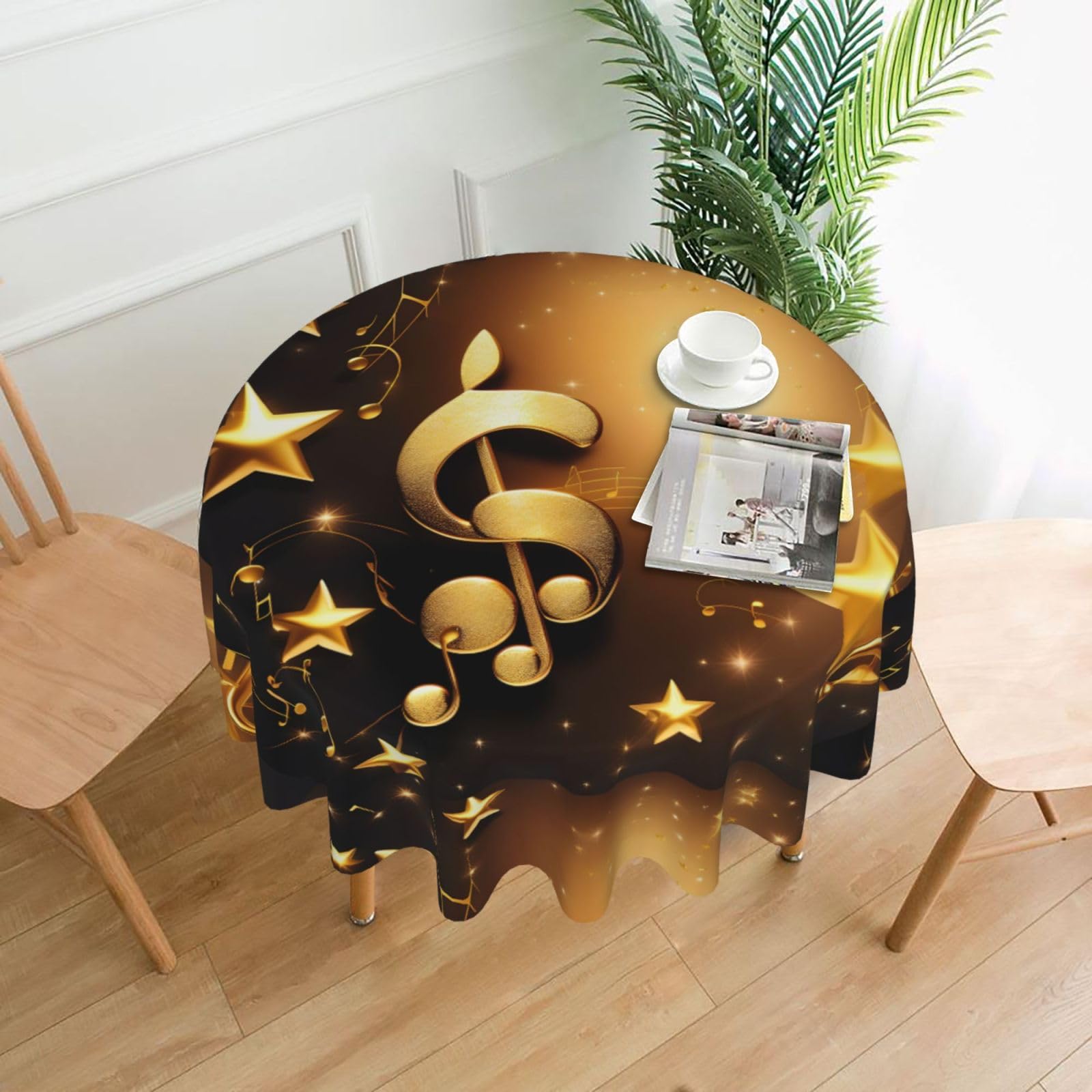 Nbtghga Gold Musical Note With Fallen Shiny Star Print Tablecloth Round Border Table Cloth Cover Decorative For Party Holiday Dinning Tabletop Home