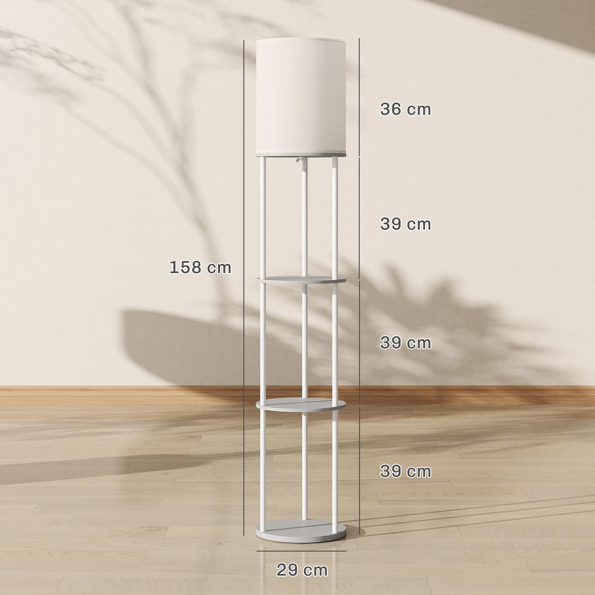 HOMCOM Lámpara de Pie con Estantes, Lámpara con 3 Temperaturas de Color, Control Remoto, para Salón, Dormitorio, Oficina, Gris