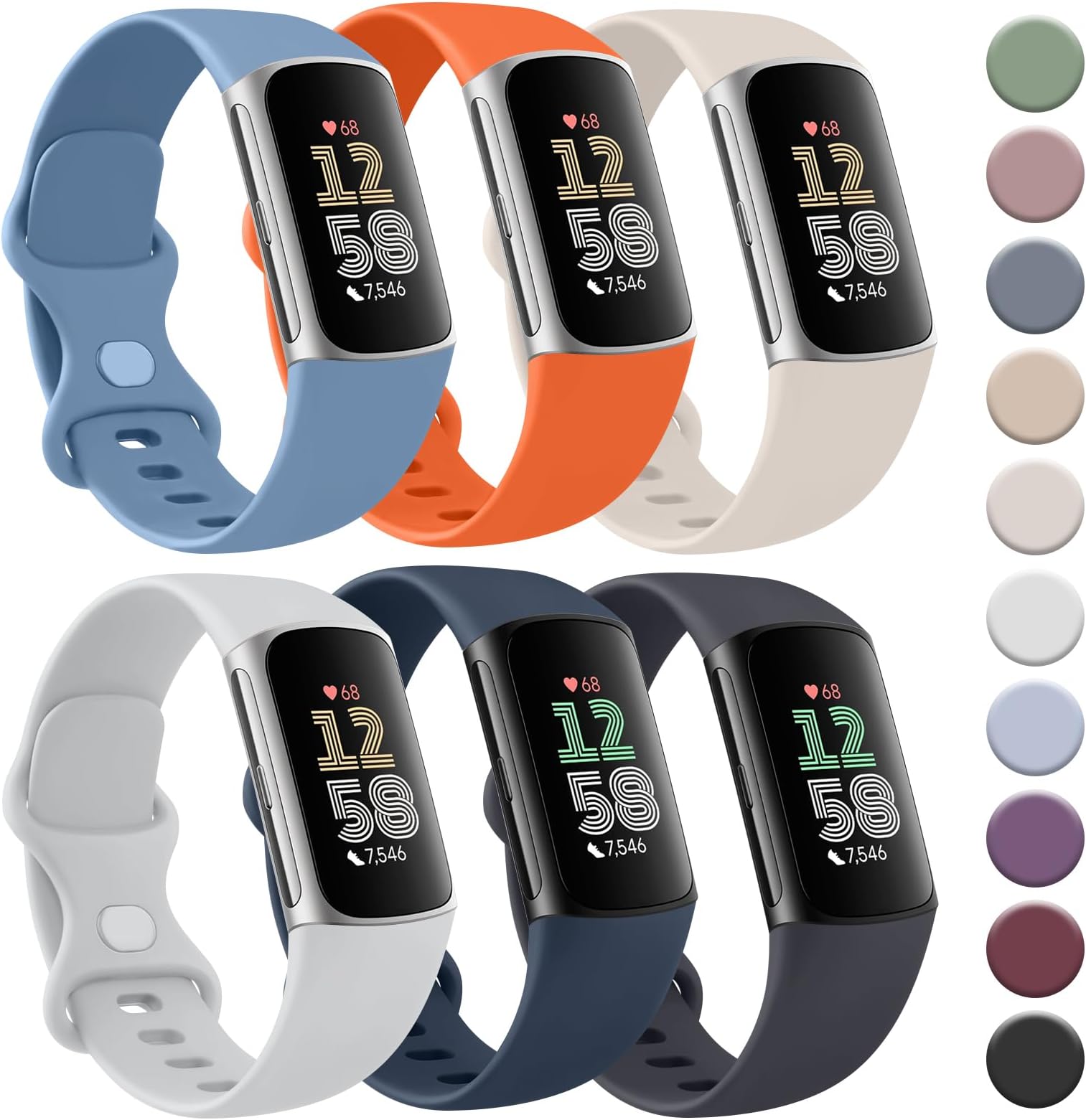 Tobfit 6 PACK Sport Bands Compatible with Fitbit Charge 6 / Fitbit Charge 5 Bands for Women Men, Soft Silicone Waterproof Straps Replacement Wristbands Compatible for Fitbit Charge 5 / Charge 6