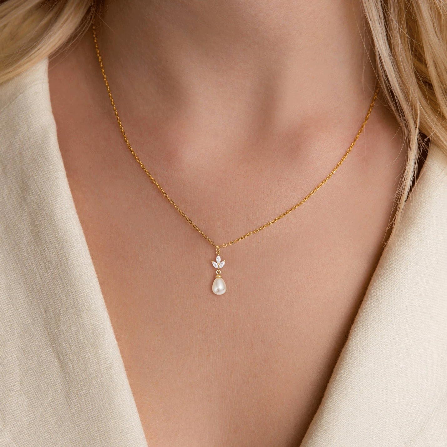 HANLI Gold Pearl Necklace for Women - 14K Gold Plated Dainty Choker CZ Pearl Pendant Nekclaces Womens Layered Bridal Ball Beaded Chain Trendy Jewelry Simple Wedding Necklaces - Image 2