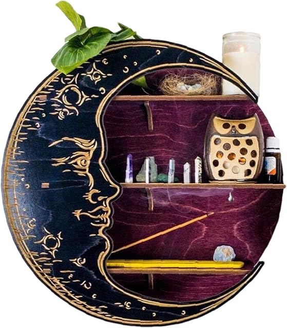 AUTOECHO Crescent Moon Shelf Wall Mounted | Wooden Decorative Moon Shelf Display for Crystals Stones, Essential Oils Small Plant and Art, Hanging Floating Shelves Gothic Witchy Decor
