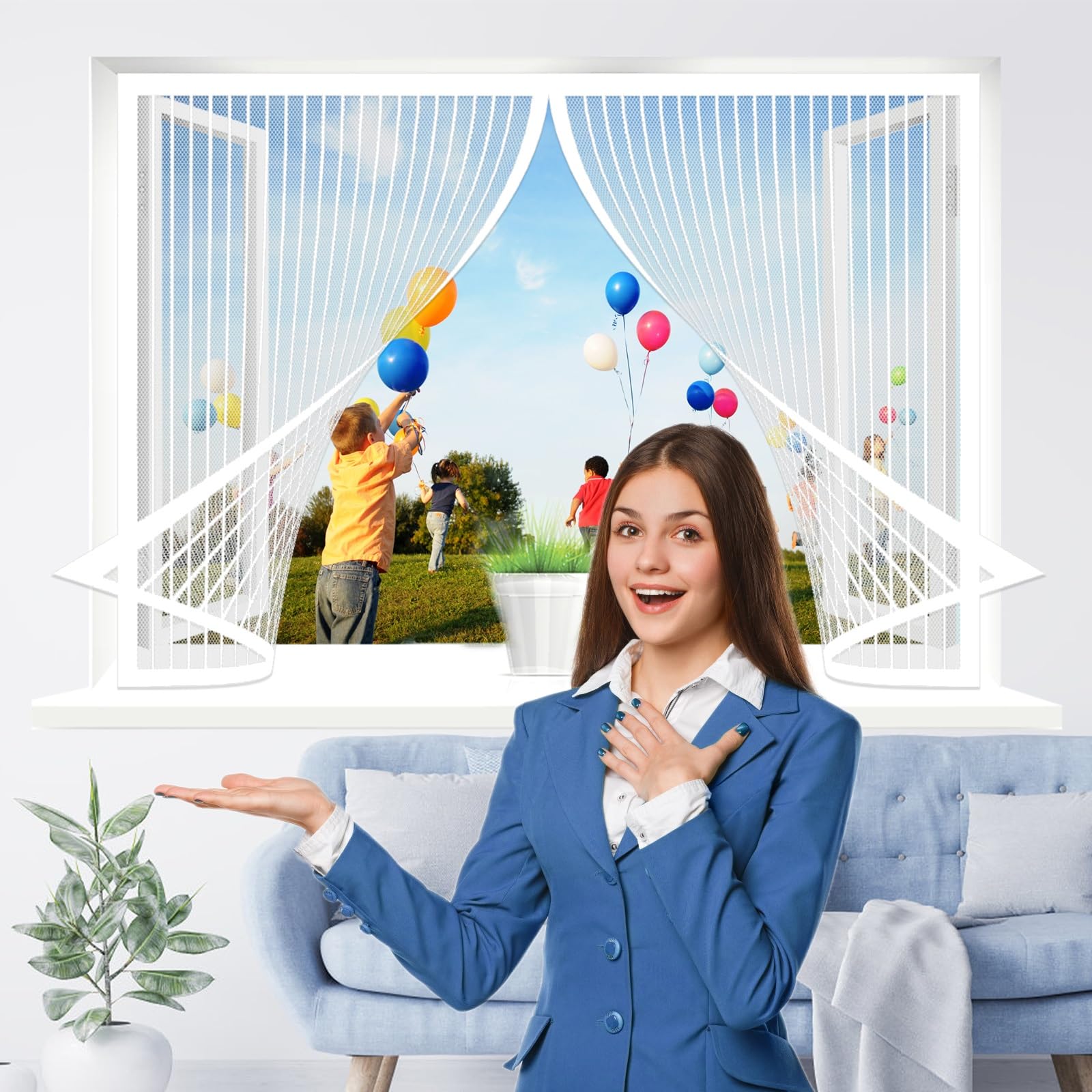 Magnet Fliegengitter Fenster 185 x 260 cm, Insektenschutz Polyester Atmungsaktiver Masche, Auto Schließen Faltbar für Windows/Wohnzimmer Fenstern, Weiß