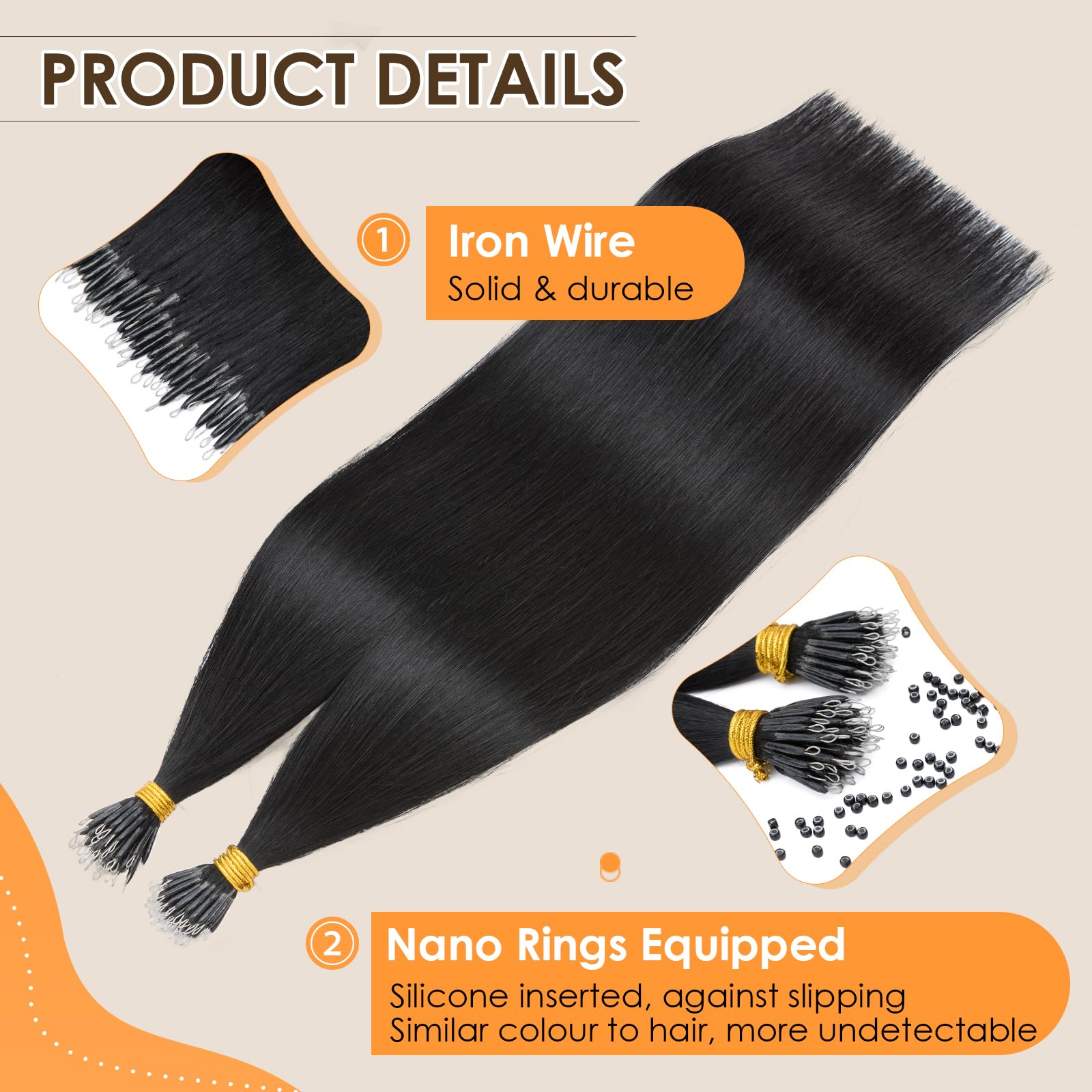 Elailite Nano Beads Hair Extension Real Human Hair With Nano Ring 50 Strands Cold Fusion Straight (#1 Jet Black, 24 Inch) - Image 3