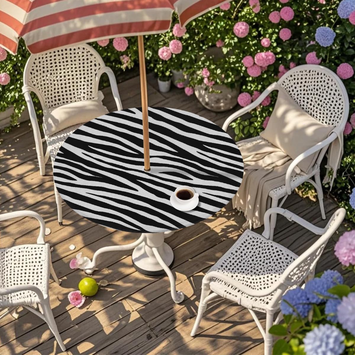 Animal Skin Zebra Round Outdoor Table Cloth with Umbrella Hole Zebra Black Outdoor Round Fitted Tablecloth with Elastic Edge Waterproof Circle Table Cover for Patio Garden Picnic (36-44 in)