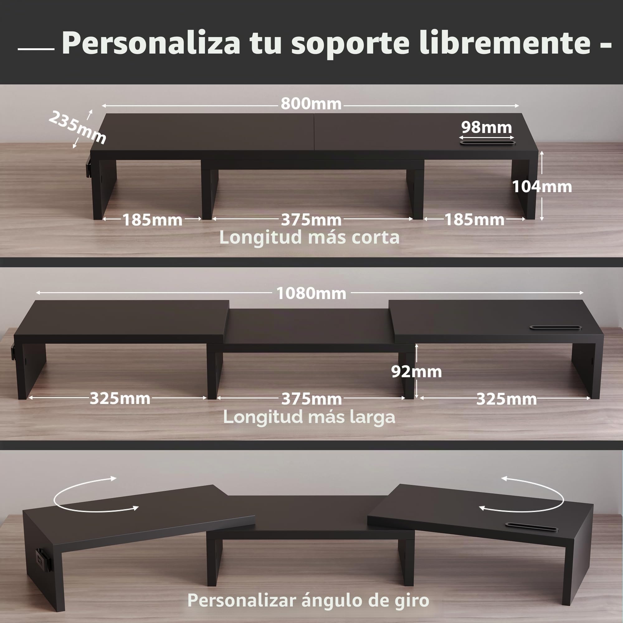 BONTEC Elevador Monitor de Madera para Doble Monitor, Soporte Giratorio Ajustable con Soporte para Smartphone