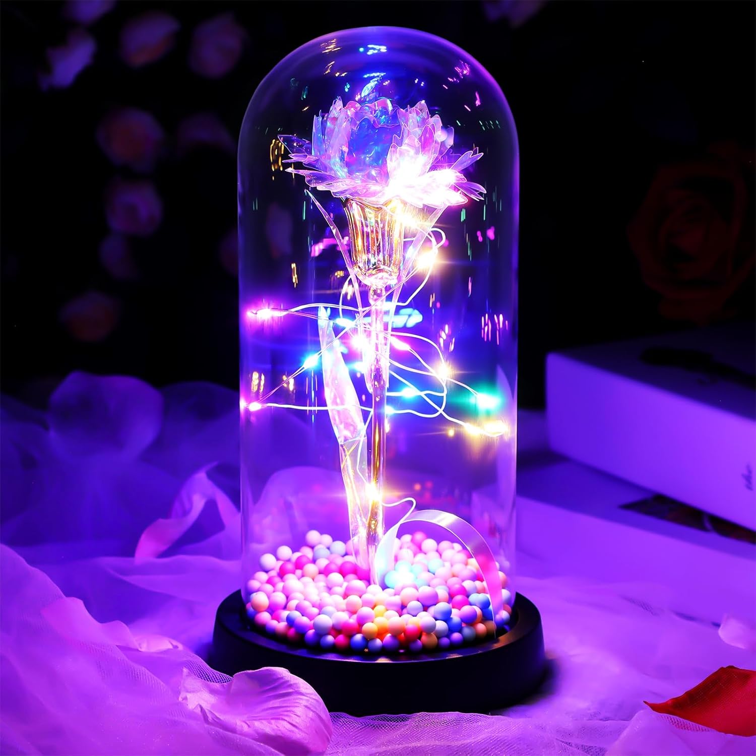 Thenshop Forever Carnations Flowers, Eternal Carnation in Glass Dome, Light up Preserved Artificial Flowers Table Decor Centerpieces for Mom Grandma Wife Her Women Birthday Christmas