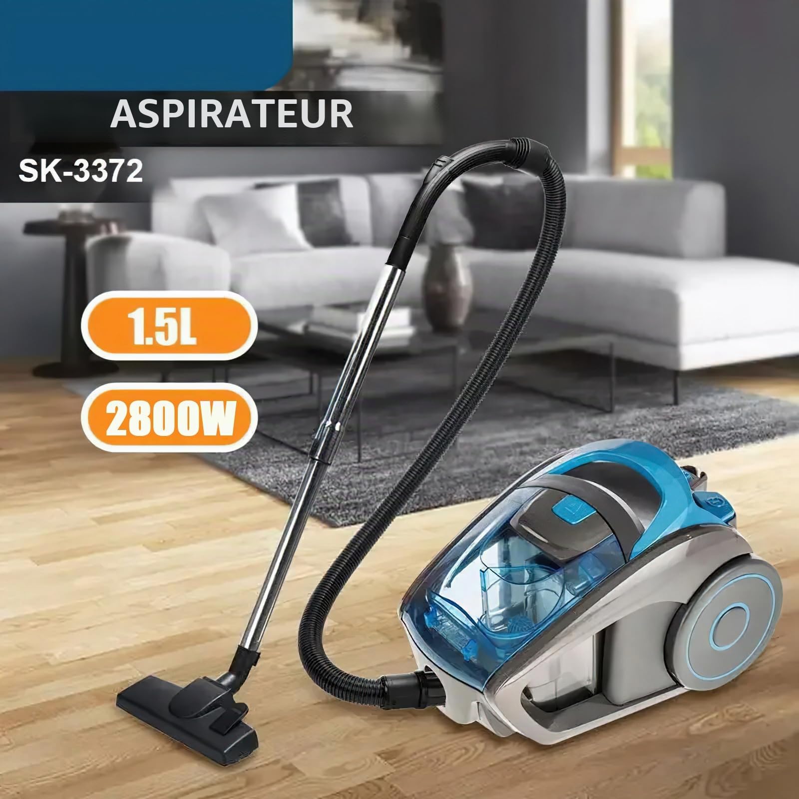 Aspirateur sans Sac,2800W Aspirateur Compact Silencieux,avec Système De Filtration Hepa,Aspiration de 15000 PA,Rayon d'action de 5 m,Poils d'animaux Et Poussière