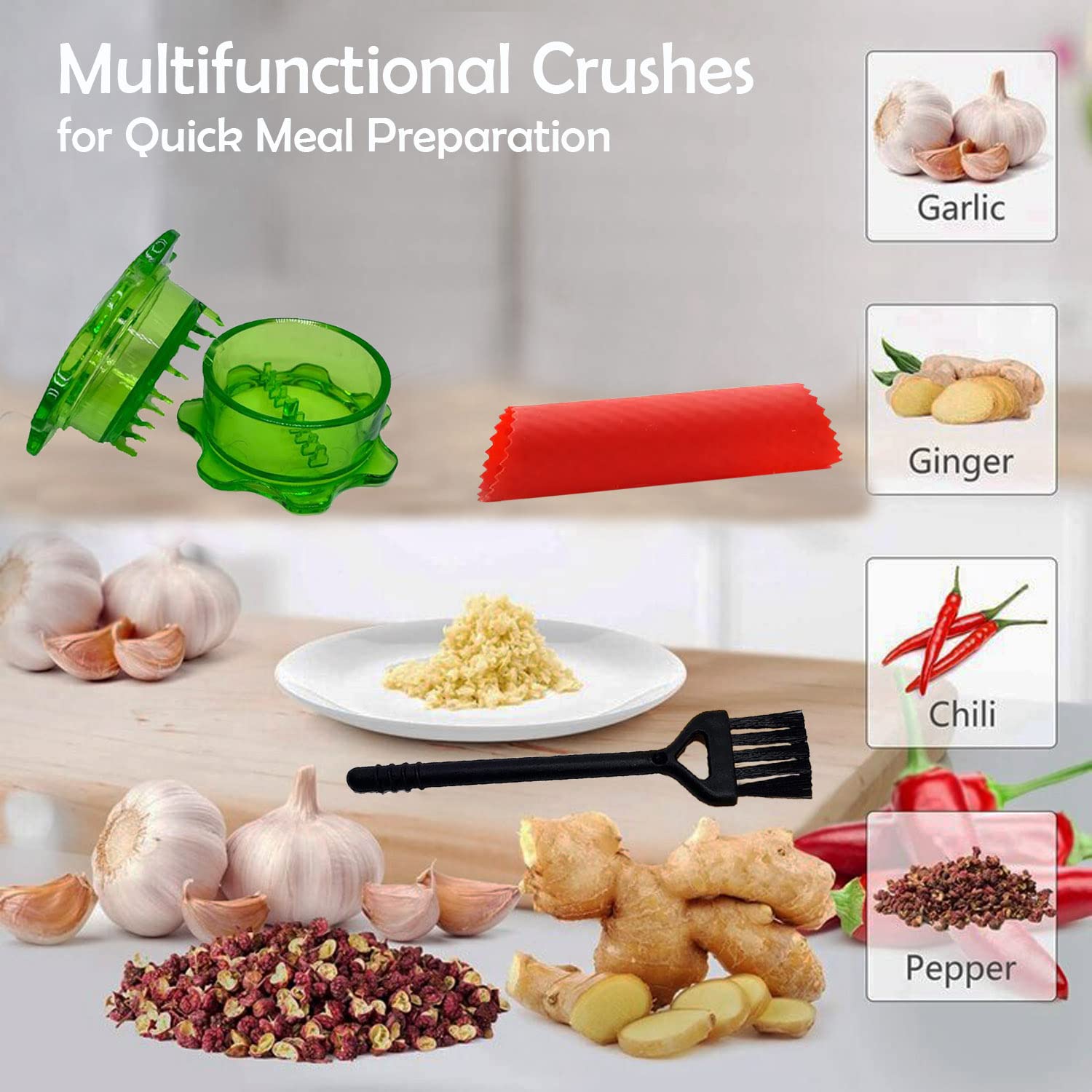 Angel’s Peel Lounge 3-Piece Garlic Mincer Set - Includes Mincer, Silicone Peeler & Cleaning Brush (Green)