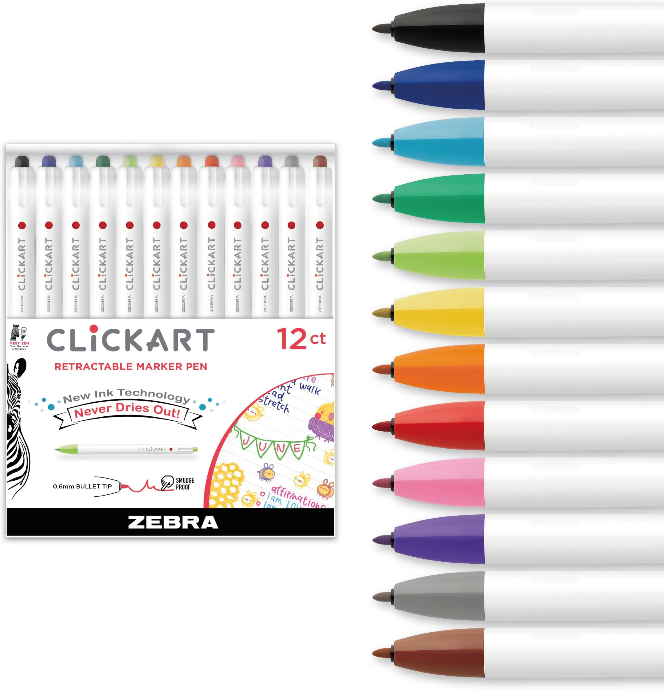CLiCKART Retractable Felt Tip Pen, Assorted Ink Colors, 0.6mm Fine Point, Moisture Absorbing to Prevent Drying Out, No Bleed, Ideal for Journaling, Drawing and Writing, 12-Pack (69012)